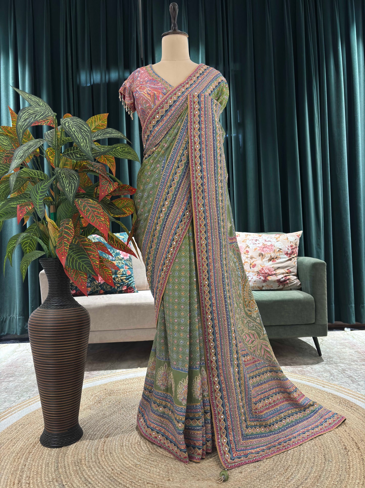 Green Printed Saree with Multicolor Borders and Matching Blouse