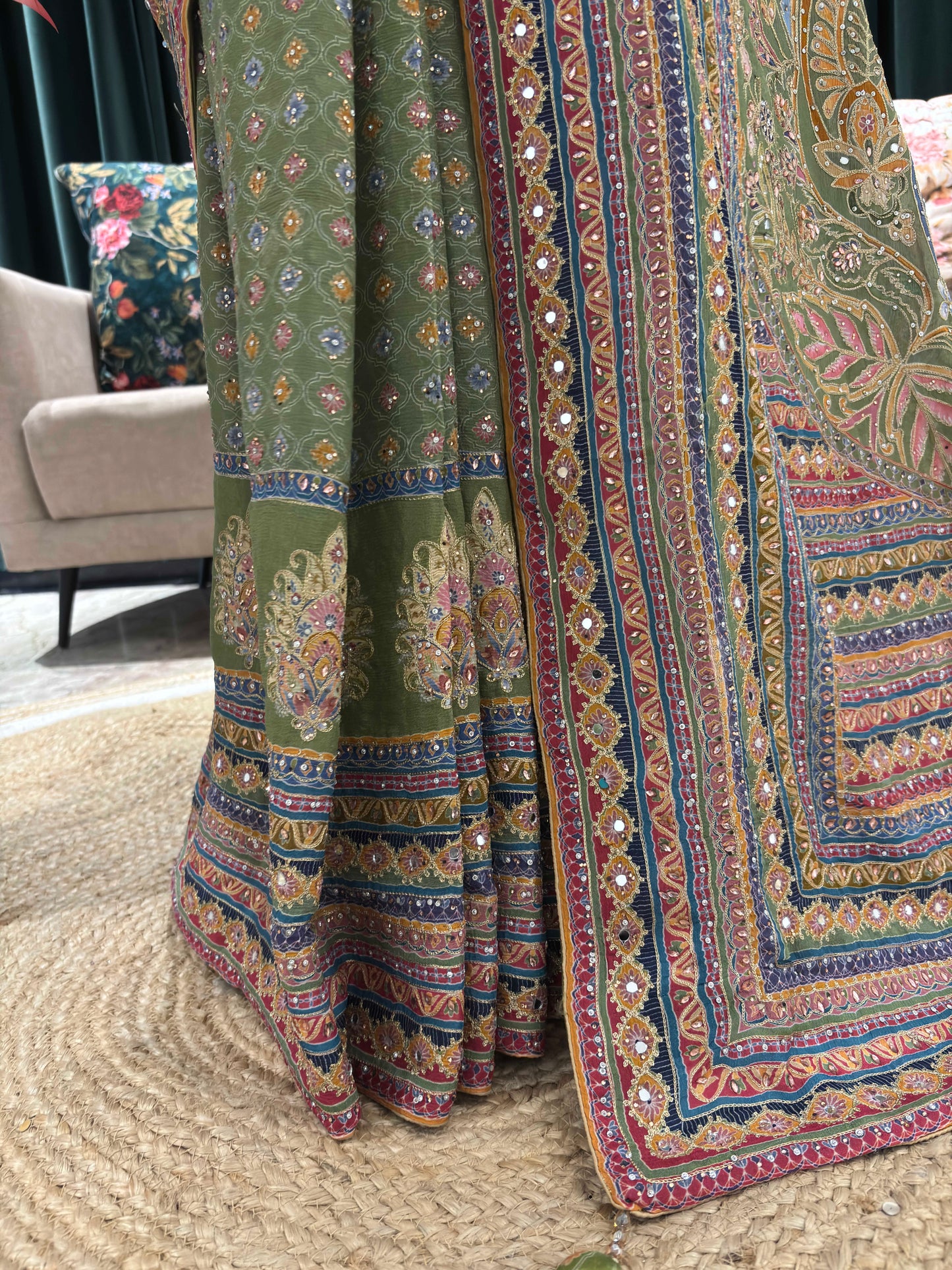 Green Printed Saree with Multicolor Borders and Matching Blouse