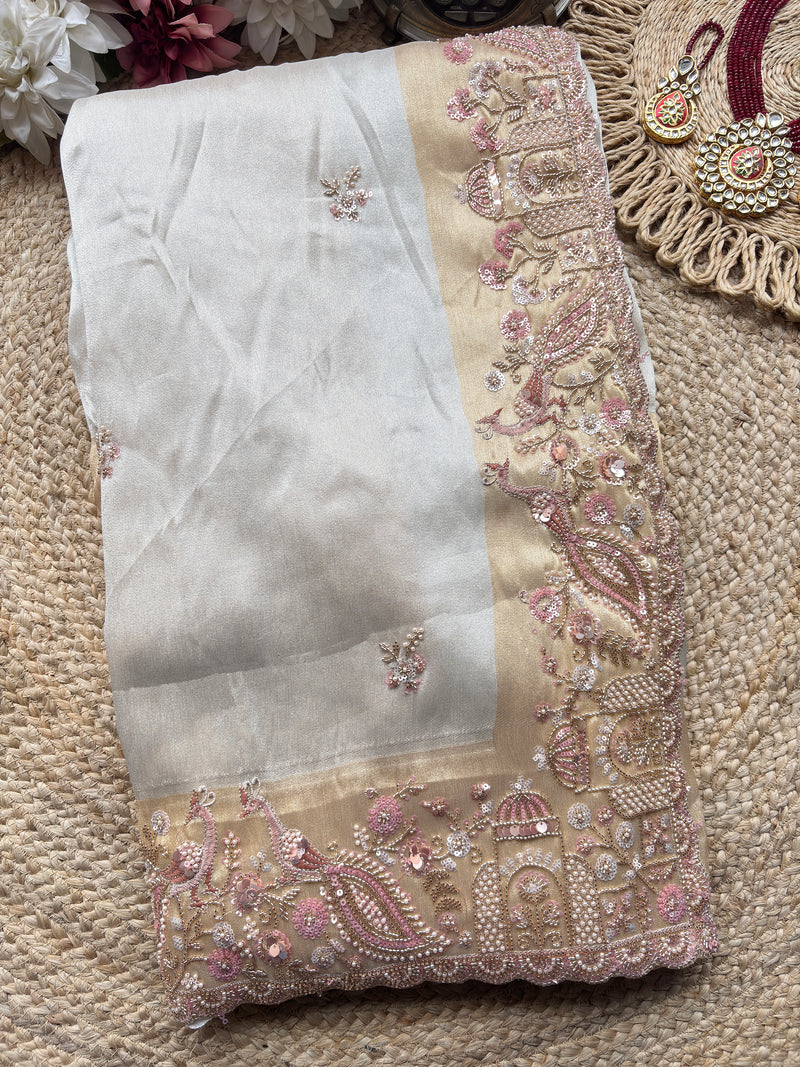 Designer Saree with Blush Pink Pearl & Sequin Embroidered Border