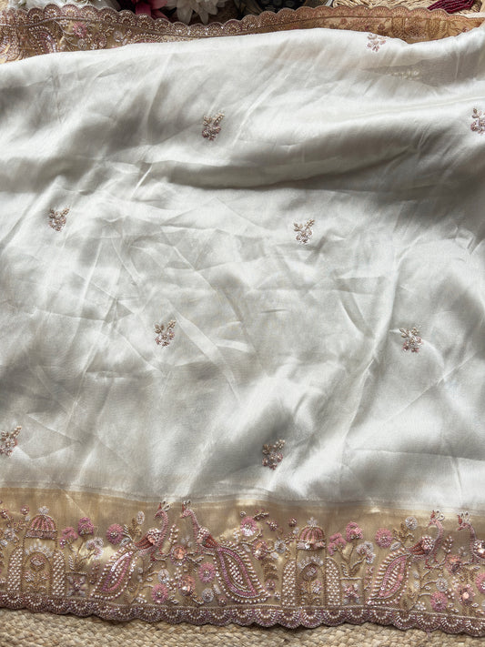 Designer Saree with Blush Pink Pearl & Sequin Embroidered Border