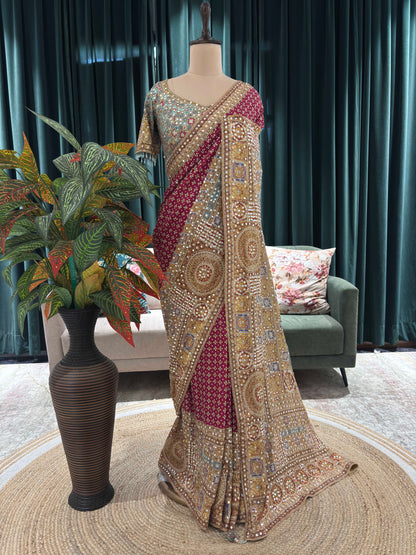 Wine Embellished Saree with Heavy Border and Designer Blouse