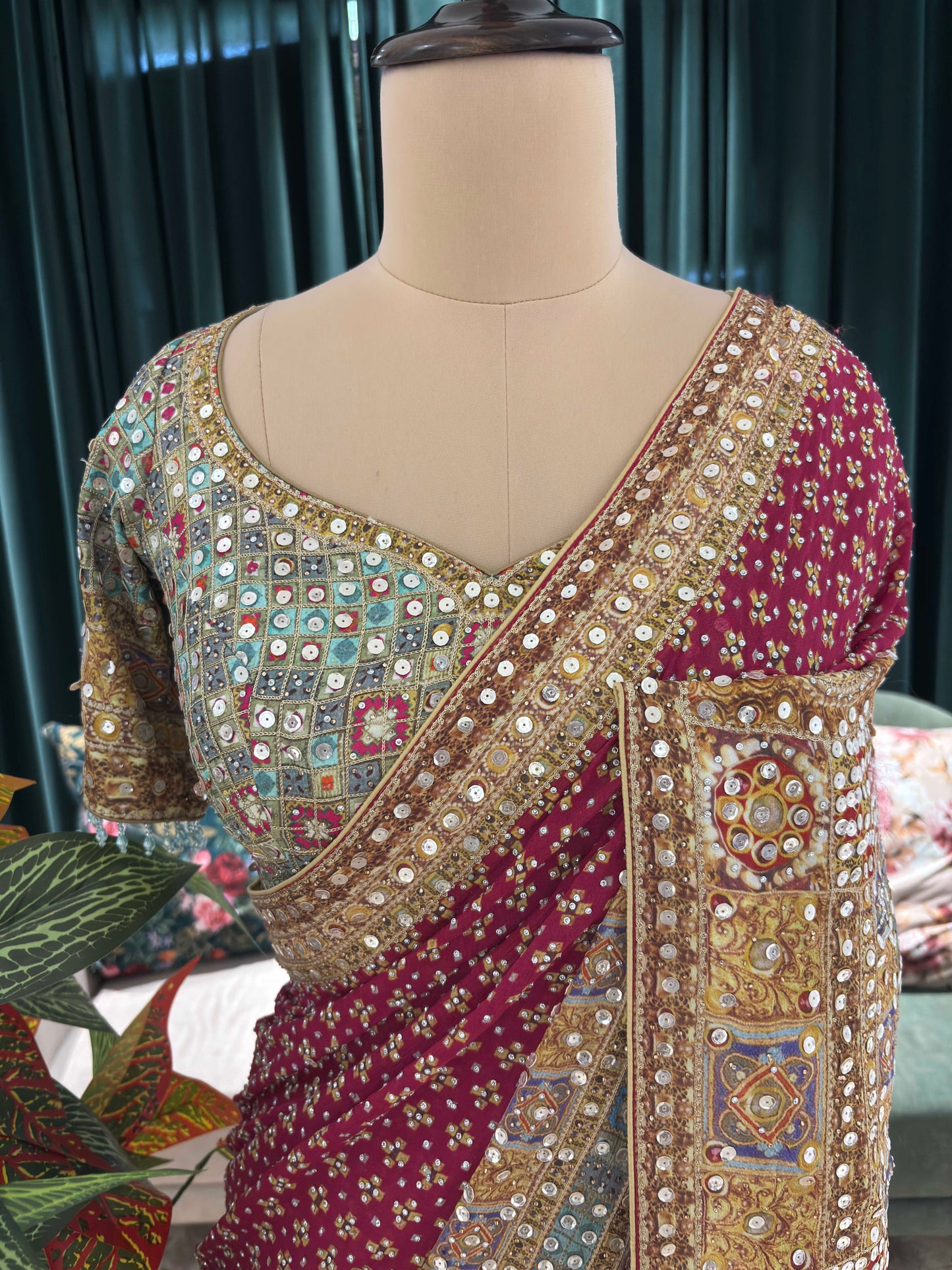 Wine Embellished Saree with Heavy Border and Designer Blouse