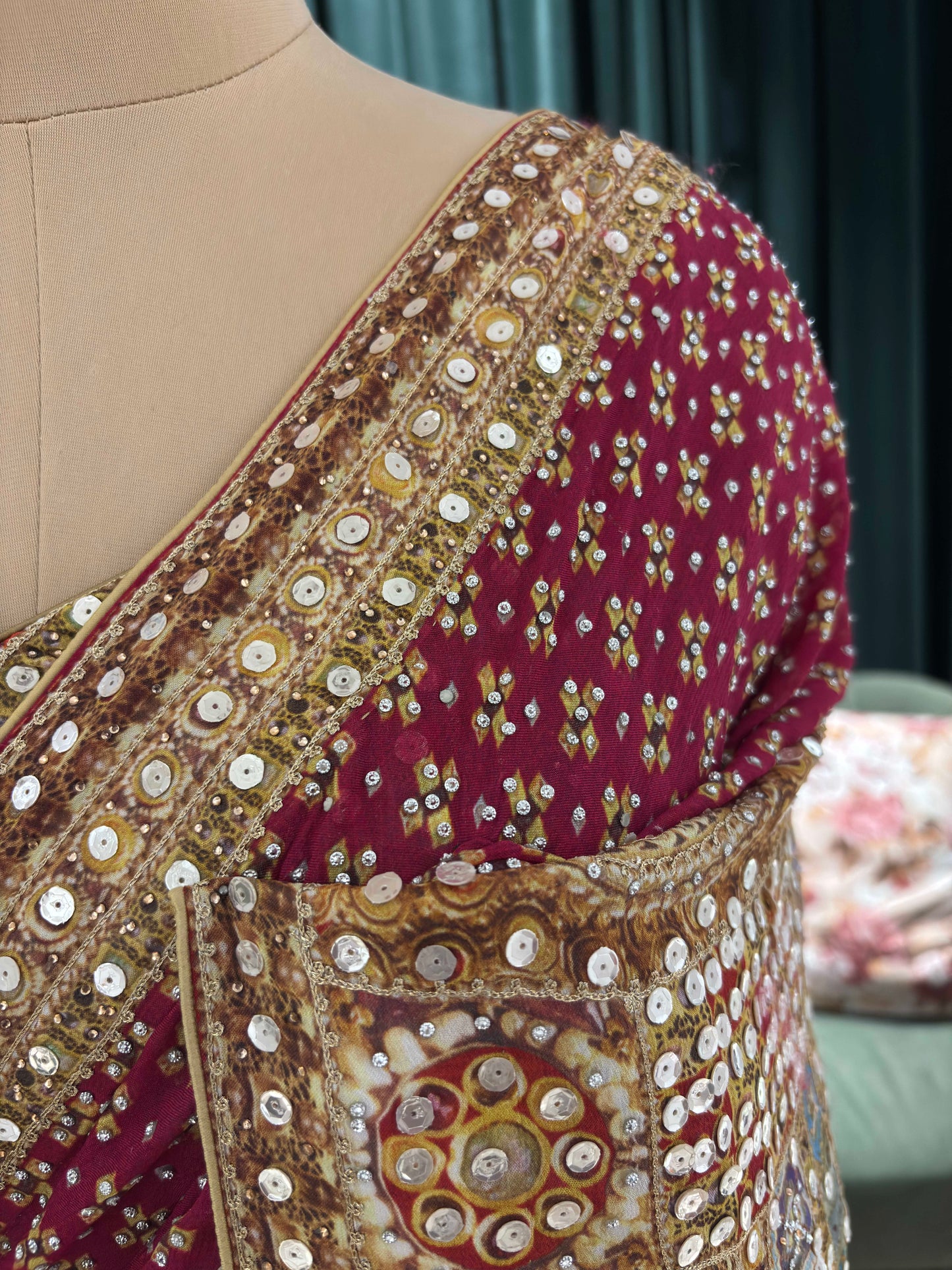 Wine Embellished Saree with Heavy Border and Designer Blouse