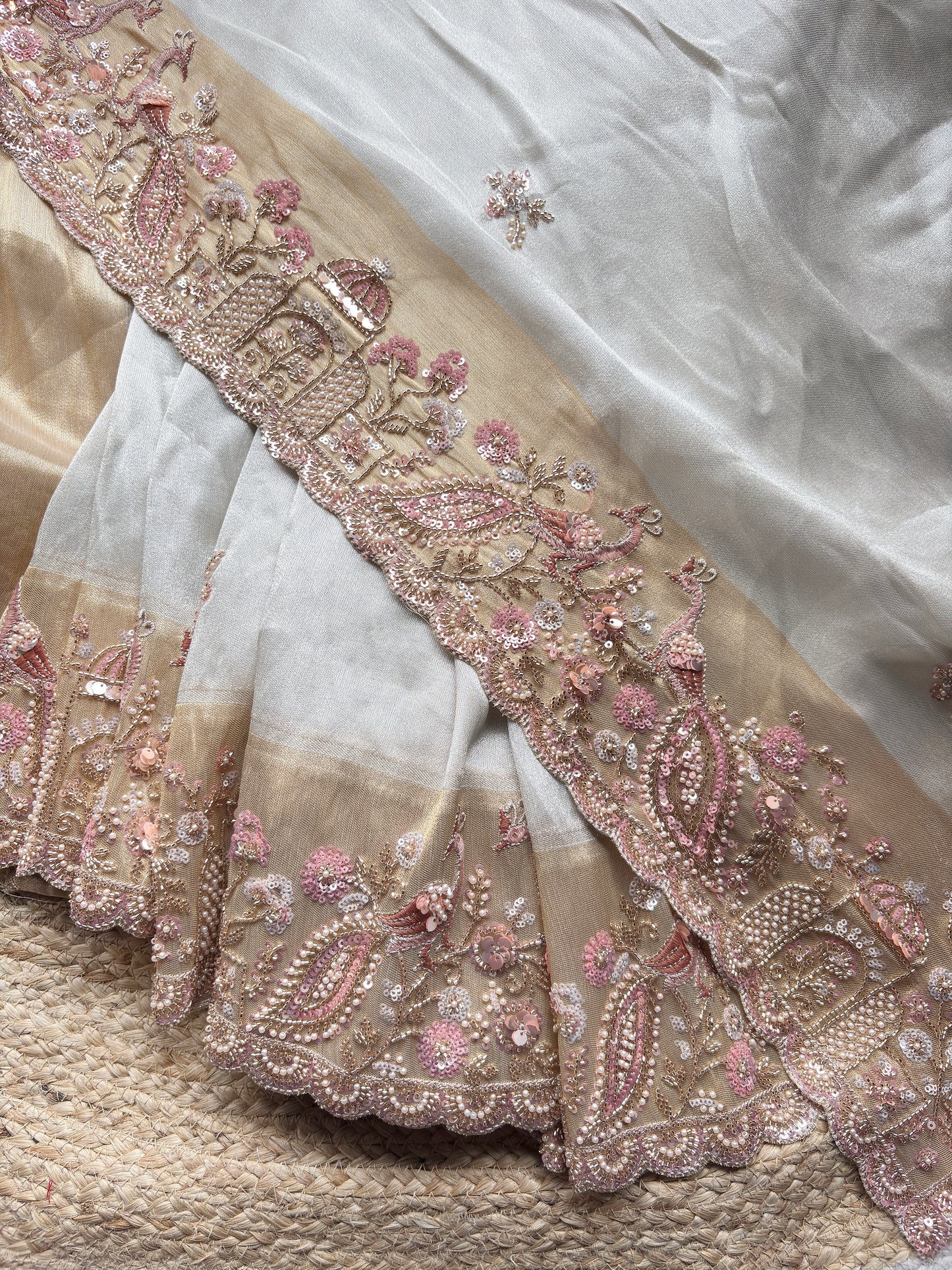 Designer Saree with Blush Pink Pearl & Sequin Embroidered Border