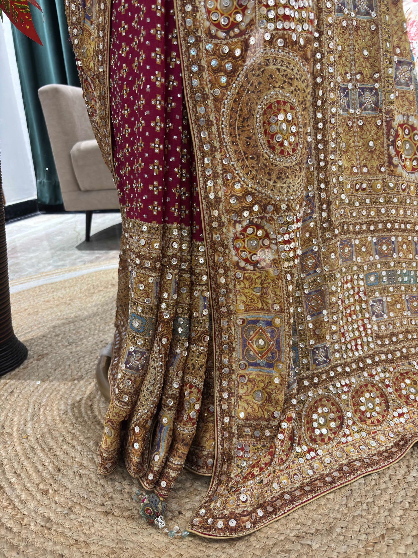 Wine Embellished Saree with Heavy Border and Designer Blouse