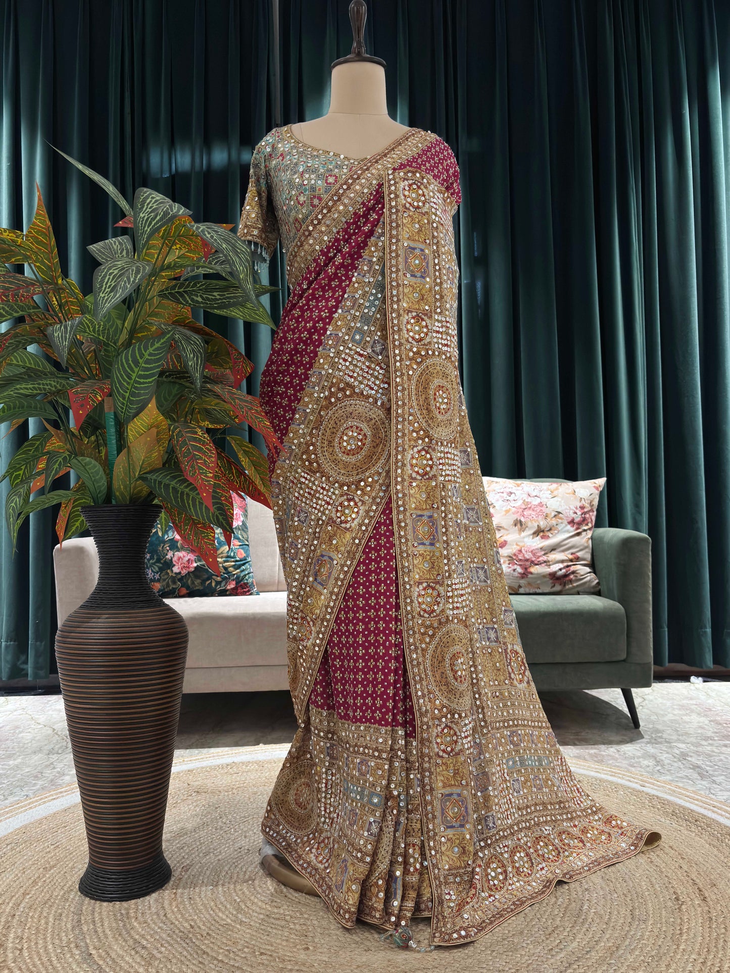 Wine Embellished Saree with Heavy Border and Designer Blouse