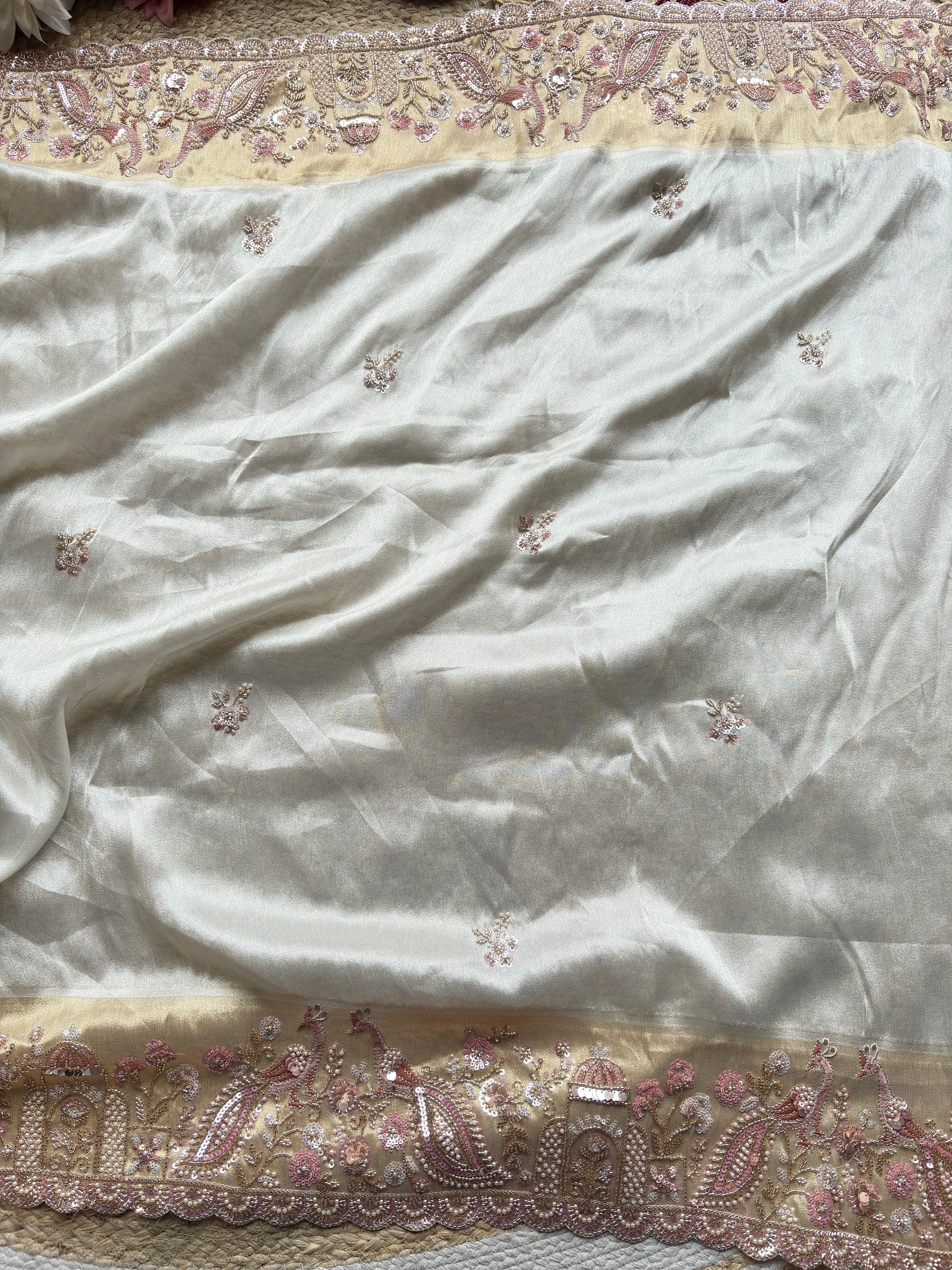 Designer Saree with Blush Pink Pearl & Sequin Embroidered Border