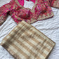 Beige Striped Saree with Pink Designer Blouse and Zari Work
