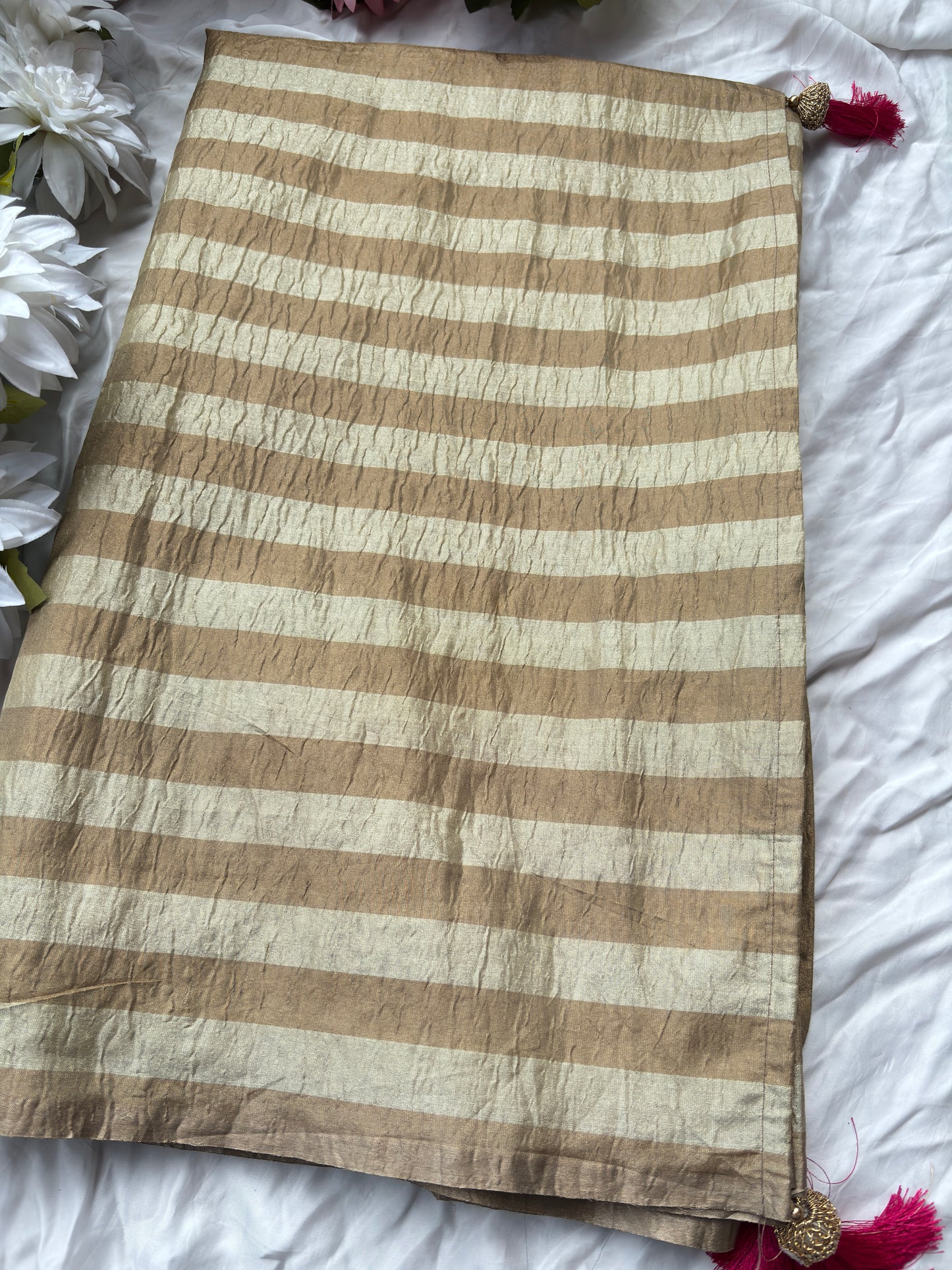 Beige Striped Saree with Pink Designer Blouse and Zari Work