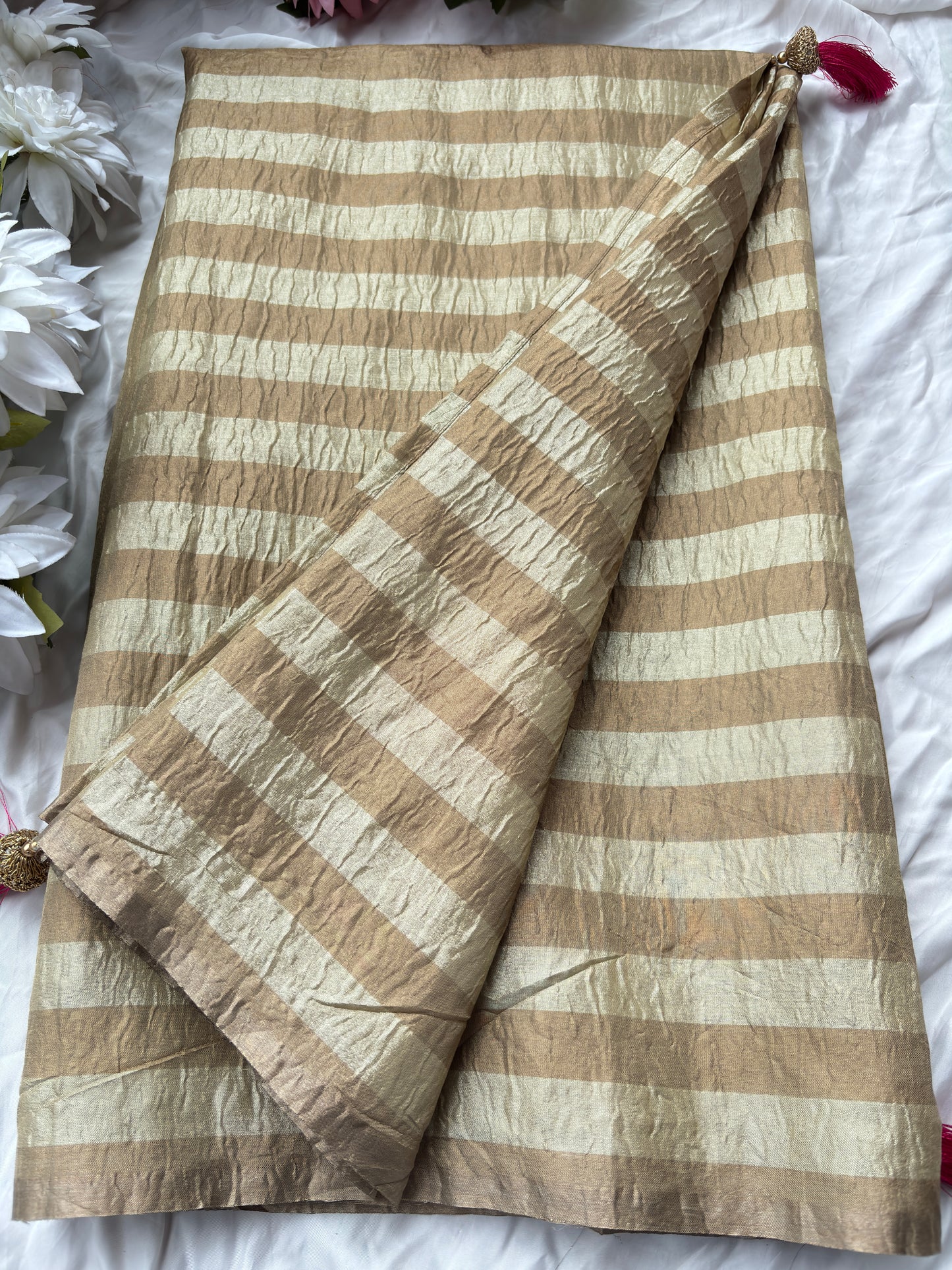 Beige Striped Saree with Pink Designer Blouse and Zari Work
