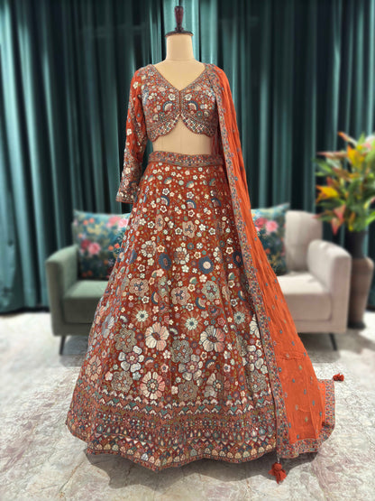 Rust Orange Floral Embroidered Designer Lehenga