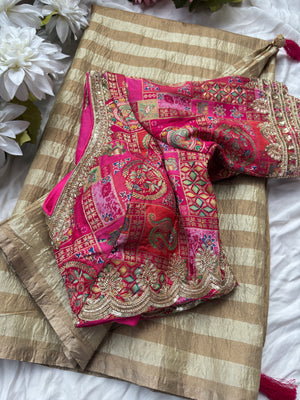 Beige Striped Saree with Pink Designer Blouse and Zari Work