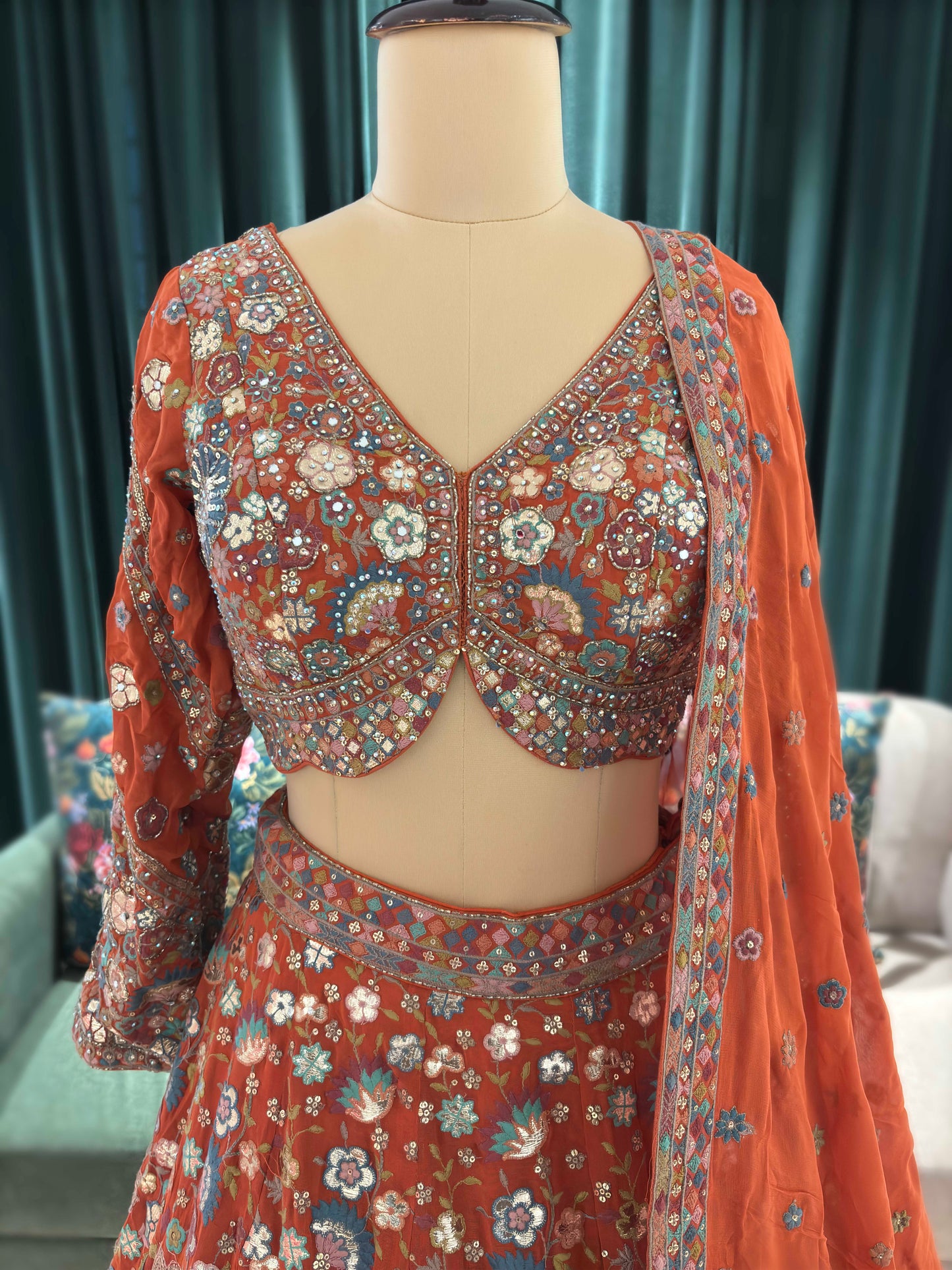 Rust Orange Floral Embroidered Designer Lehenga