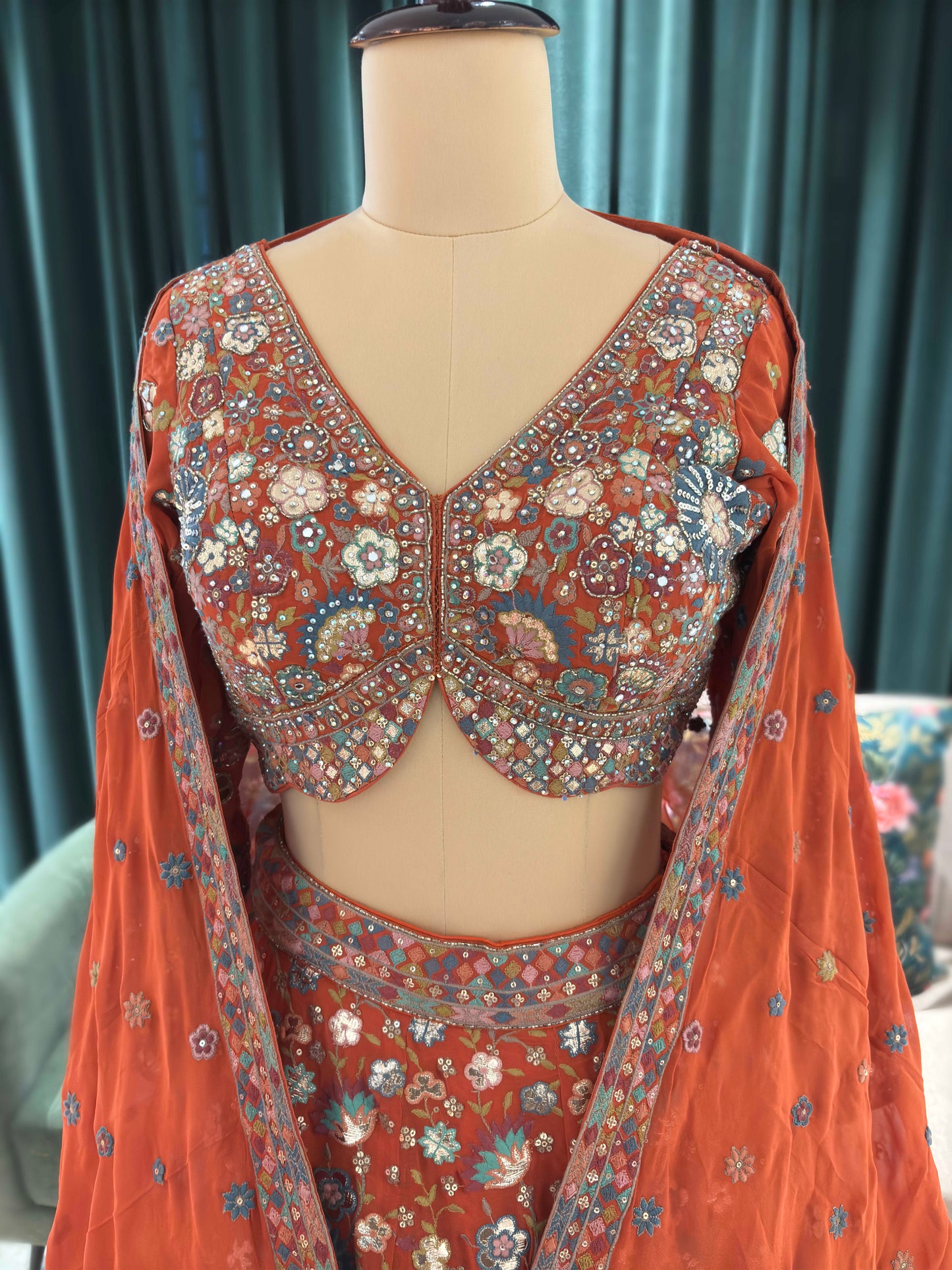 Rust Orange Floral Embroidered Designer Lehenga