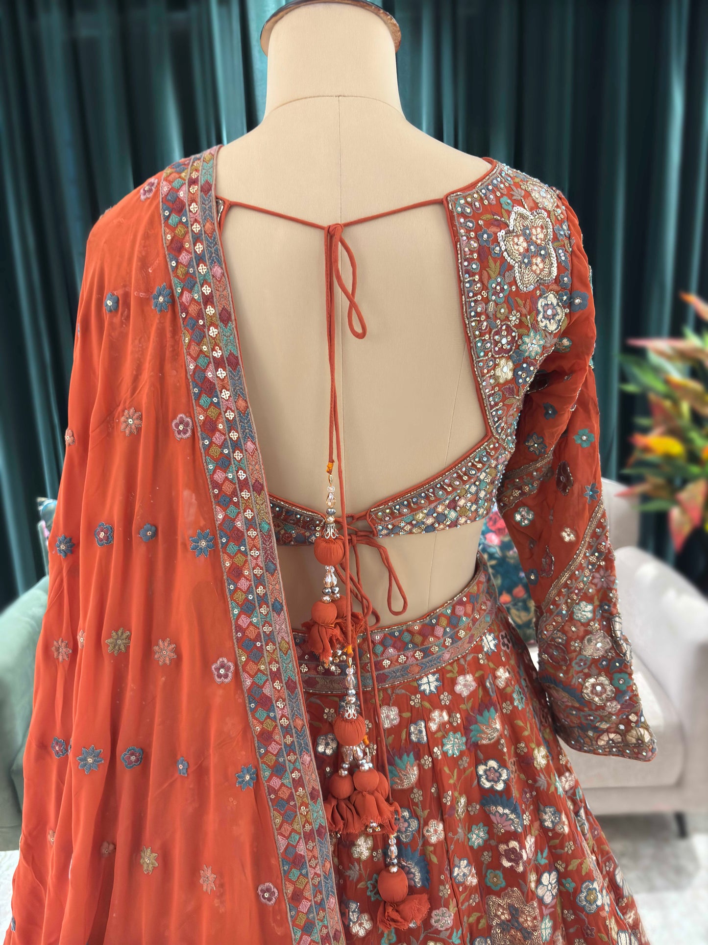 Rust Orange Floral Embroidered Designer Lehenga