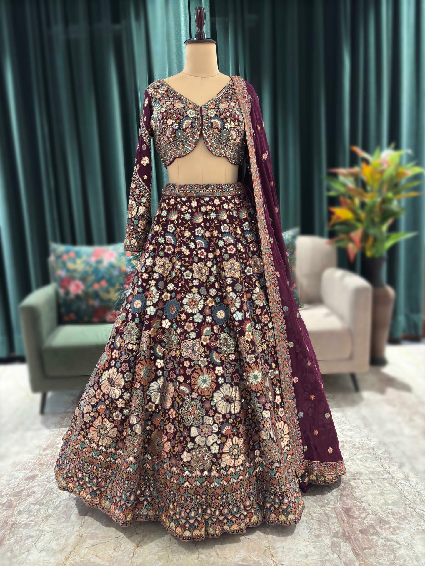Rust Orange Floral Embroidered Designer Lehenga