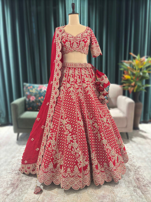 Grand Bridal Red Lehenga with Heavy Zari Work & Dupatta