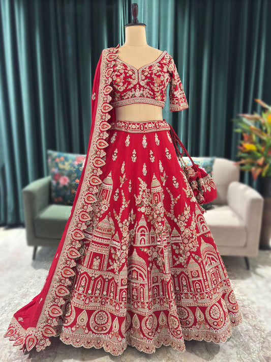 Bridal Red Zari Embroidered Lehenga with Heritage Motif Design