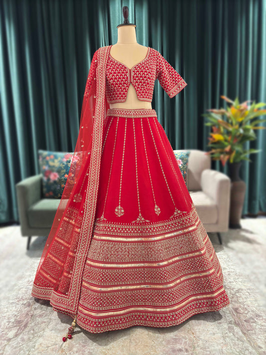 Bridal Red Silk Lehenga with Heavy Zari Embroidery & Dupatta