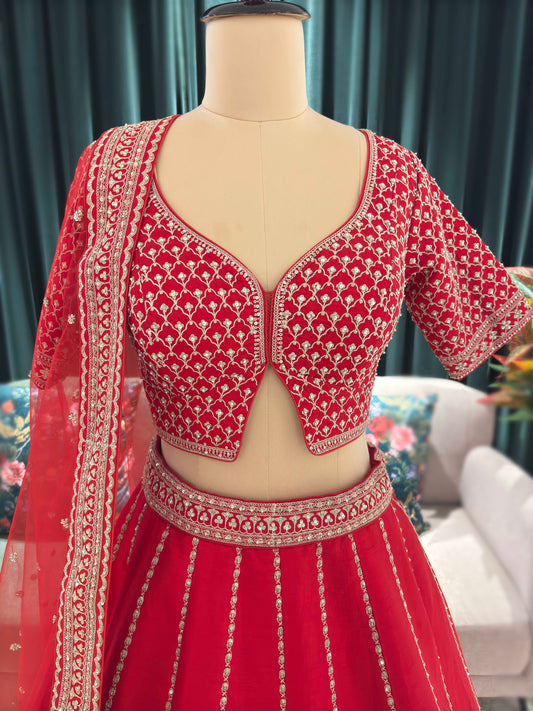 Bridal Red Silk Lehenga with Heavy Zari Embroidery & Dupatta
