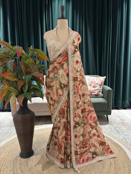 Pastel Floral Printed Saree with Embroidered Blouse