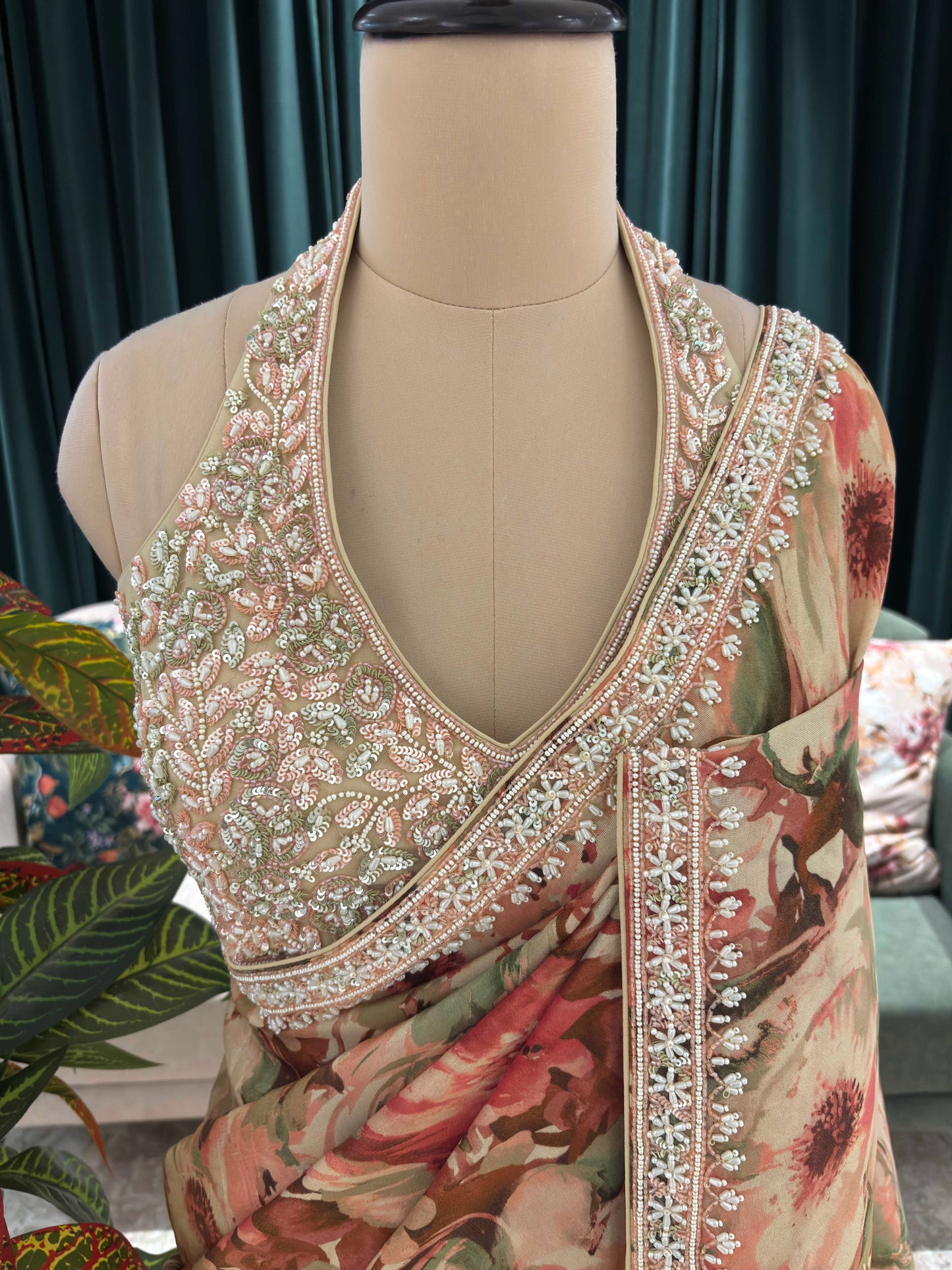 Pastel Floral Printed Saree with Embroidered Blouse