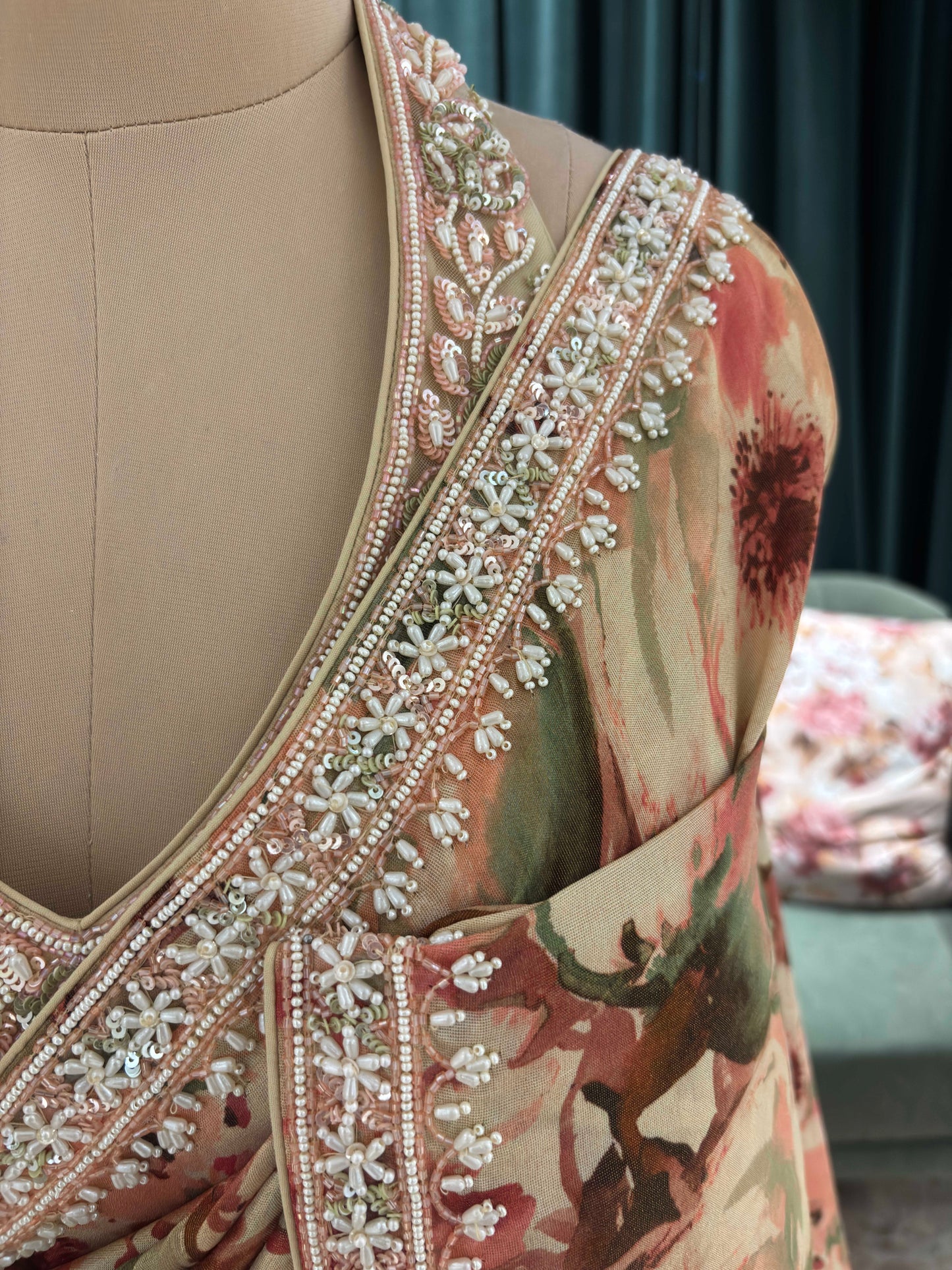 Pastel Floral Printed Saree with Embroidered Blouse