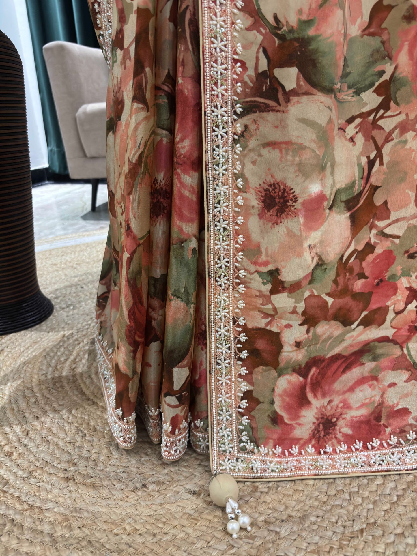 Pastel Floral Printed Saree with Embroidered Blouse