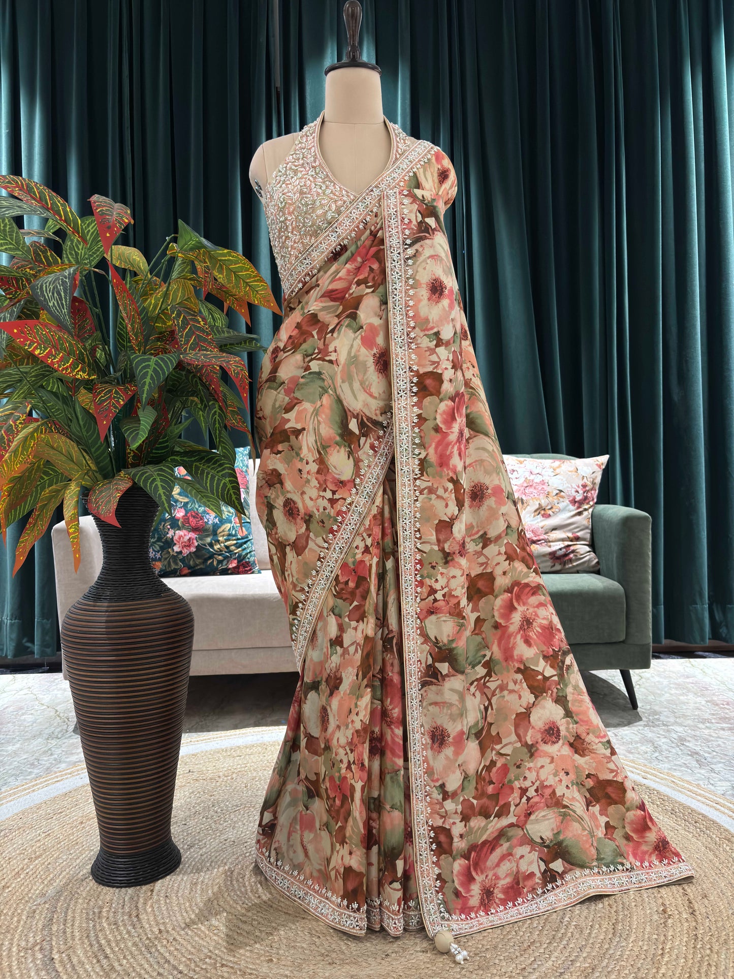 Pastel Floral Printed Saree with Embroidered Blouse
