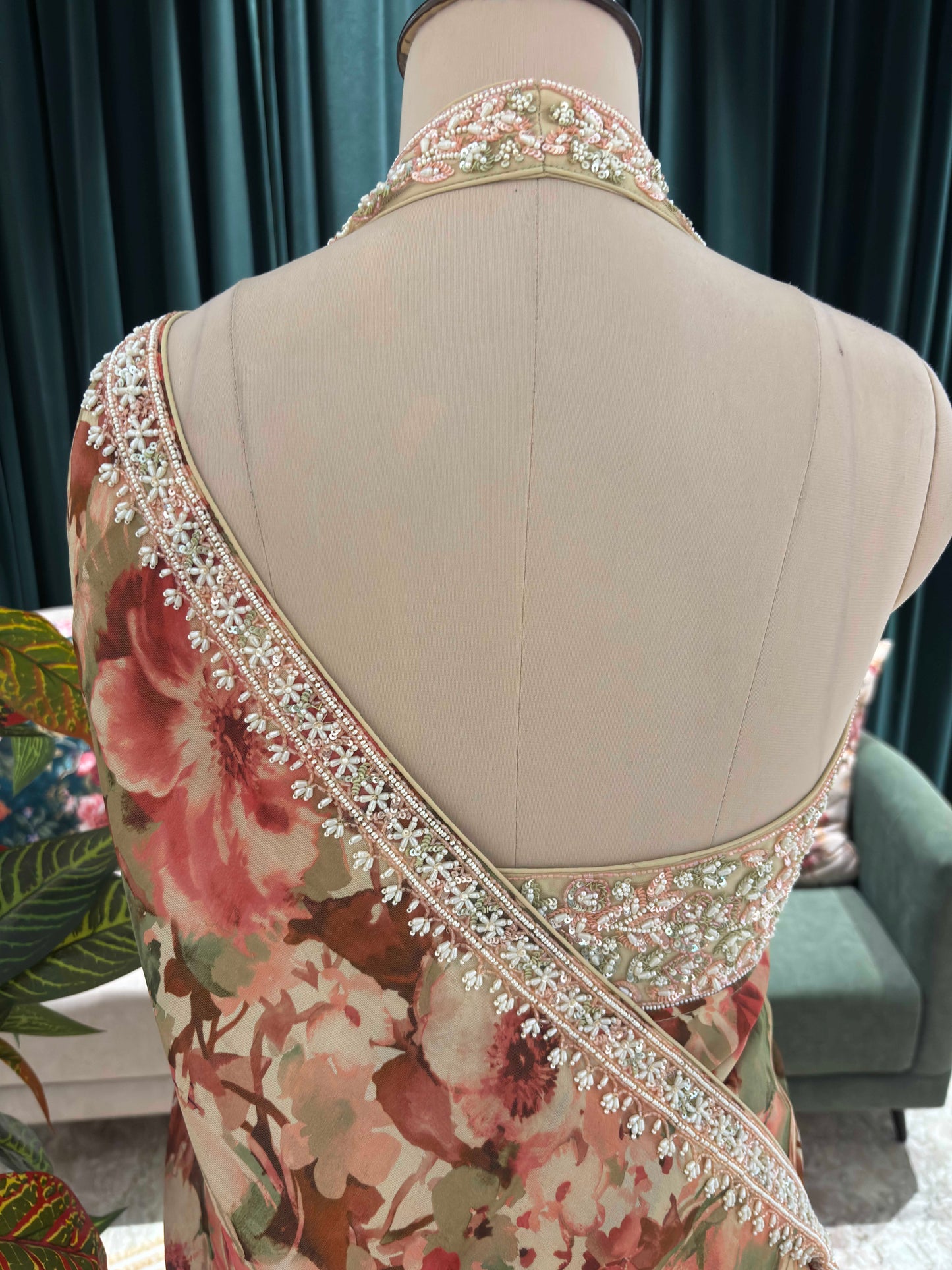 Pastel Floral Printed Saree with Embroidered Blouse