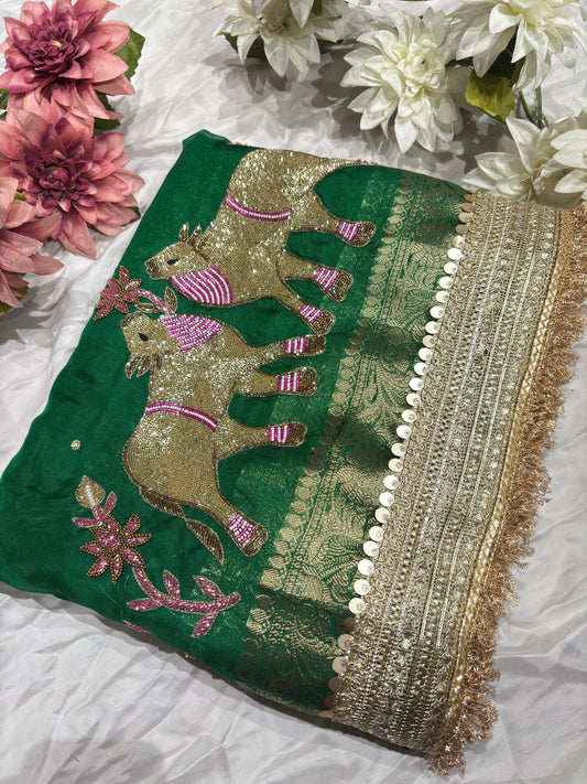 Green Nandi Maharani Saree With Embroidery and Zari Border Work