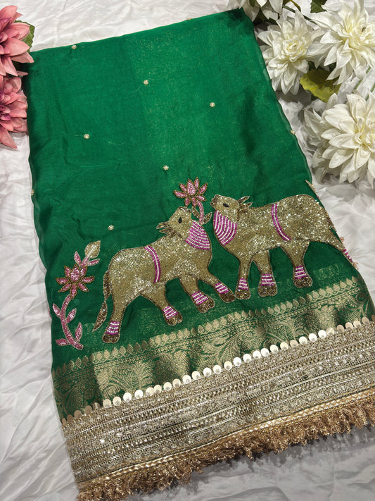 Green Nandi Maharani Saree With Embroidery and Zari Border Work