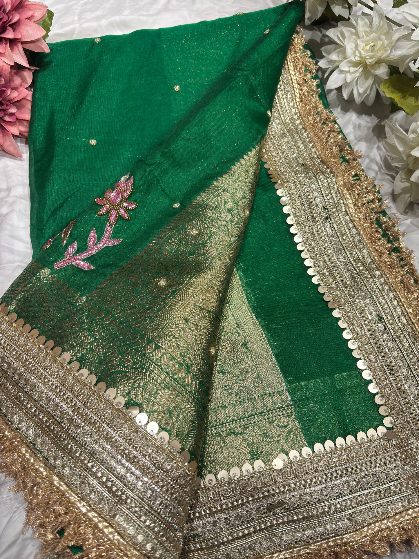 Green Nandi Maharani Saree With Embroidery and Zari Border Work