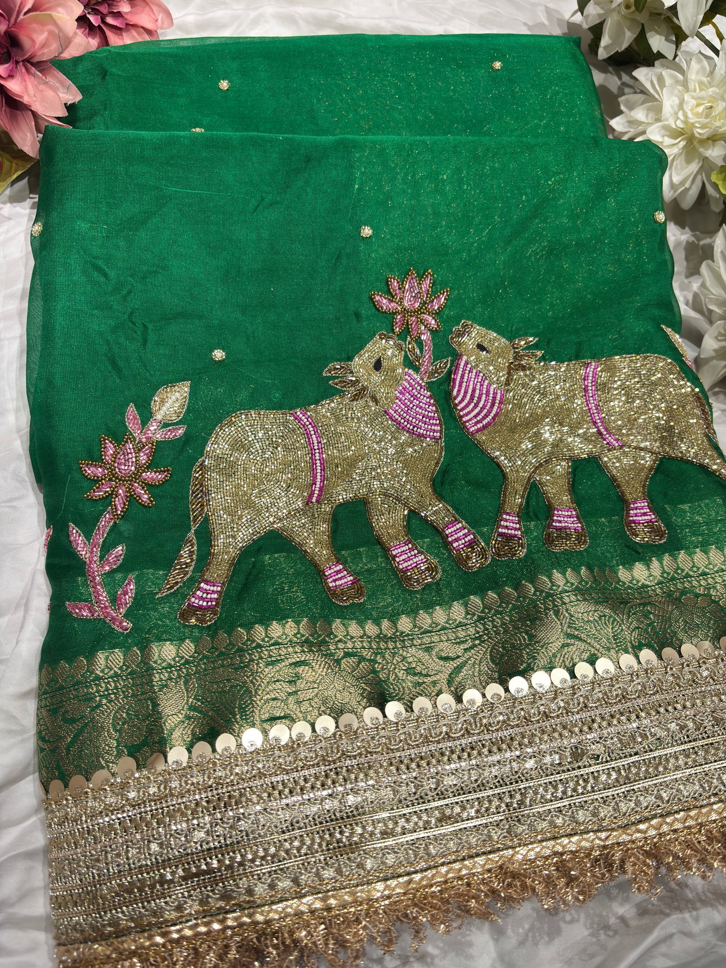 Green Nandi Maharani Saree With Embroidery and Zari Border Work