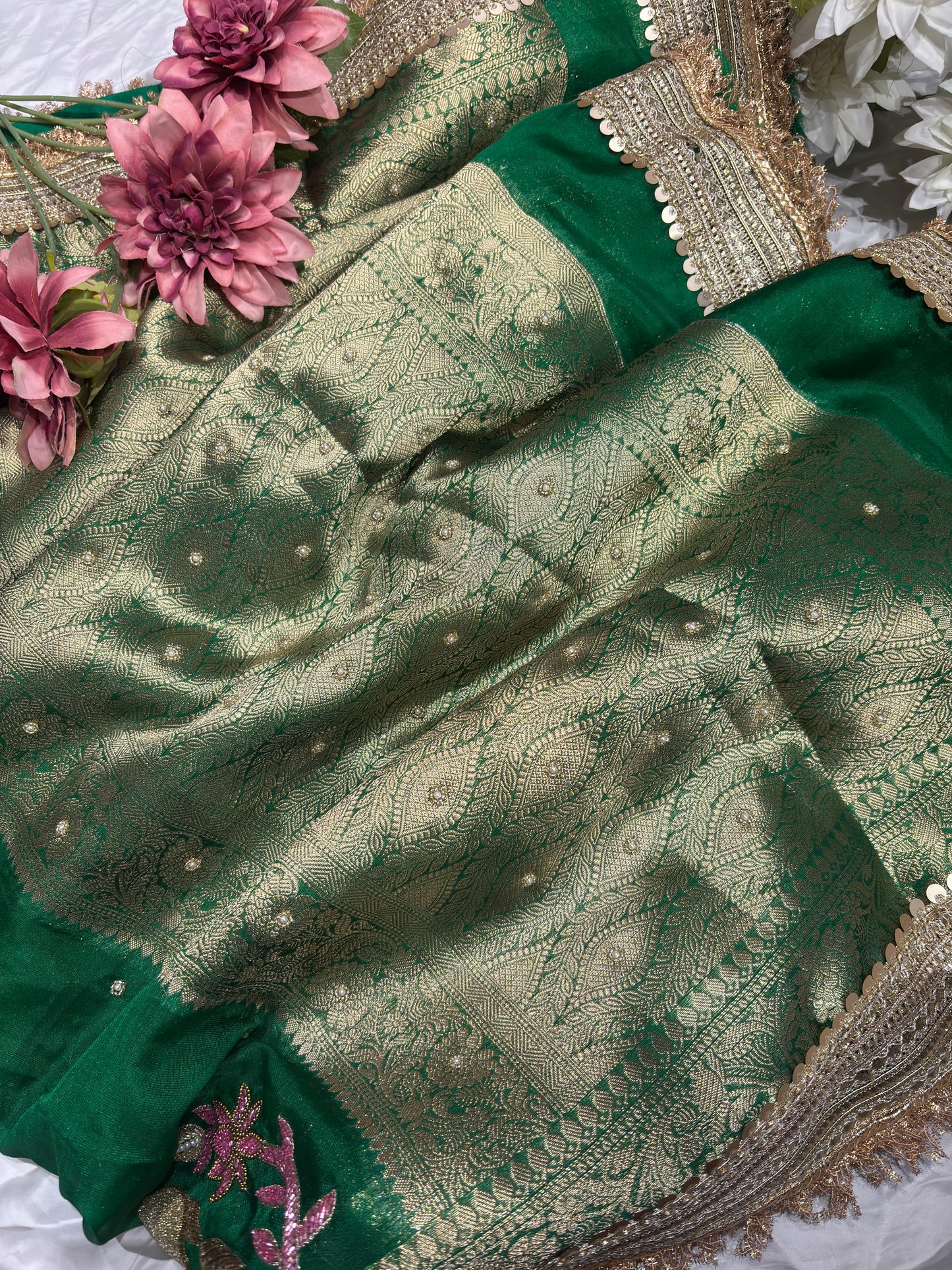 Green Nandi Maharani Saree With Embroidery and Zari Border Work