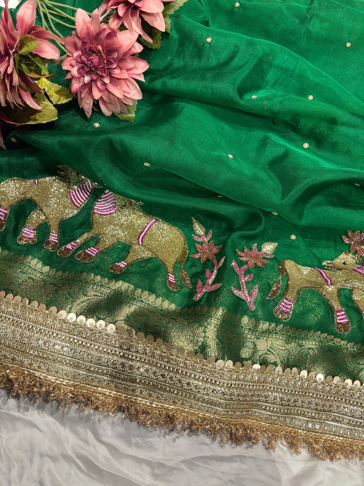 Green Nandi Maharani Saree With Embroidery and Zari Border Work