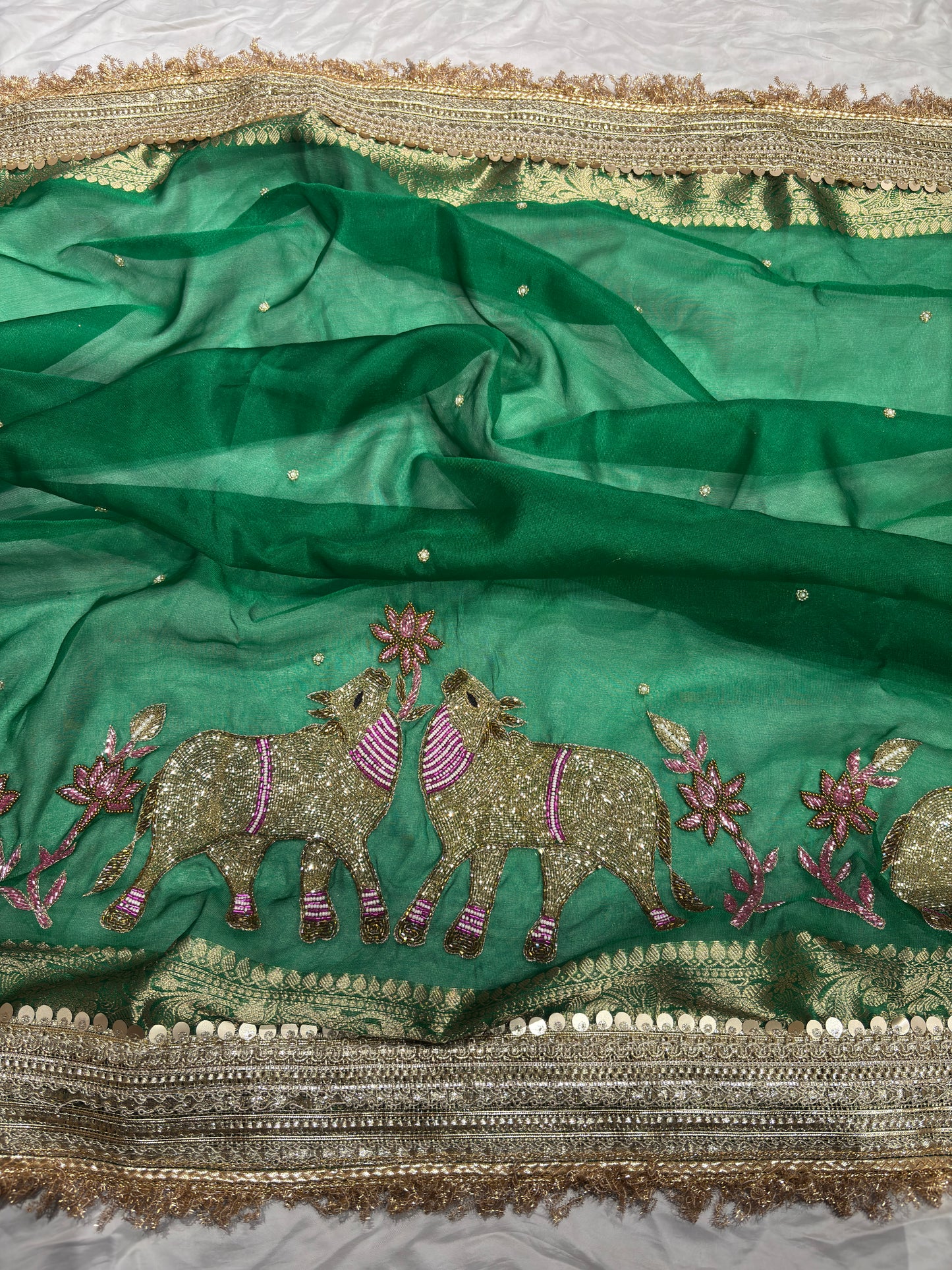 Green Nandi Maharani Saree With Embroidery and Zari Border Work