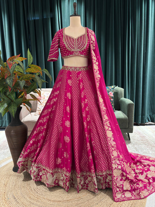 Rani Pink Embroidered Silk Lehenga Choli with Dupatta