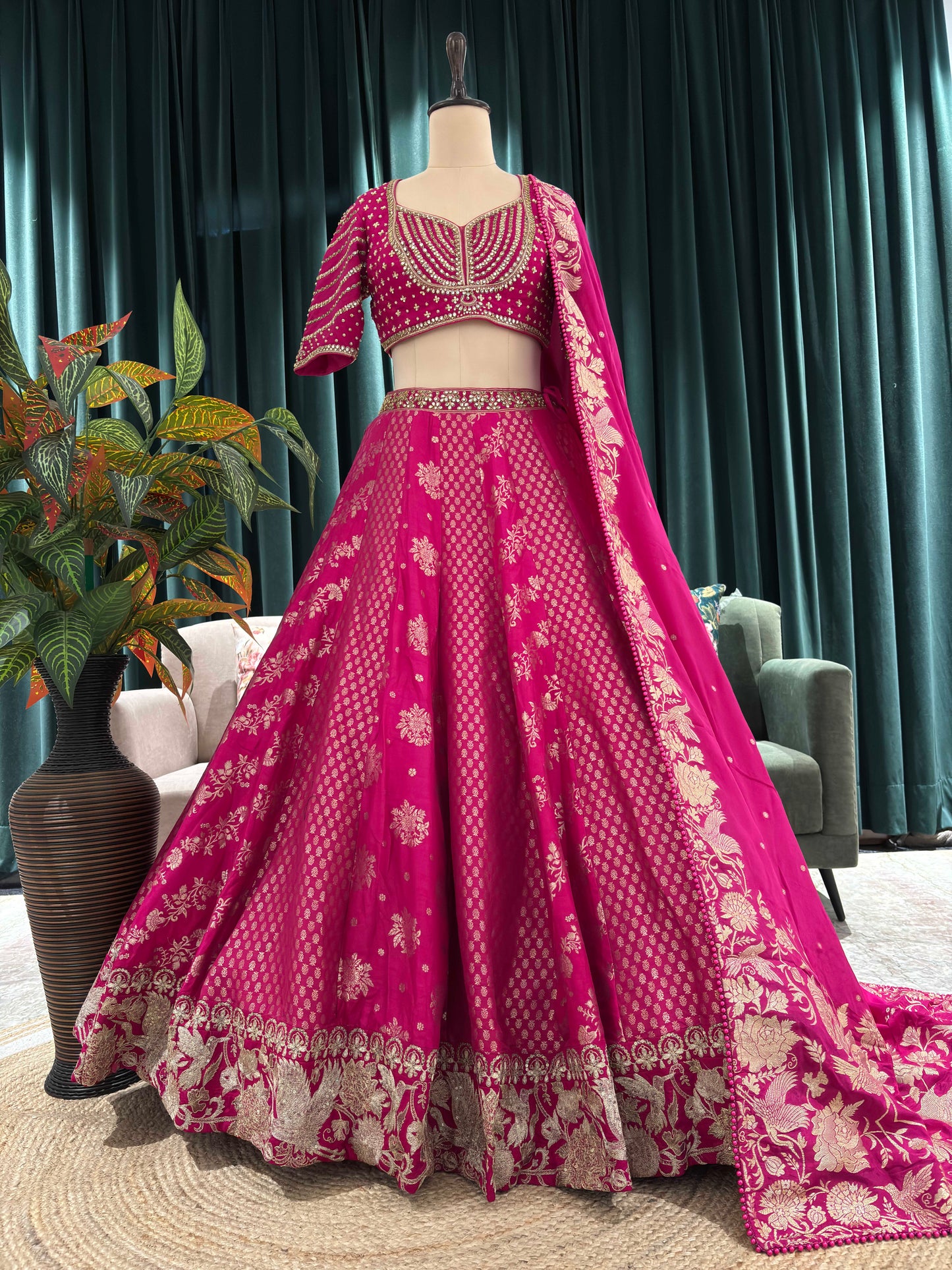 Rani Pink Embroidered Silk Lehenga Choli with Dupatta