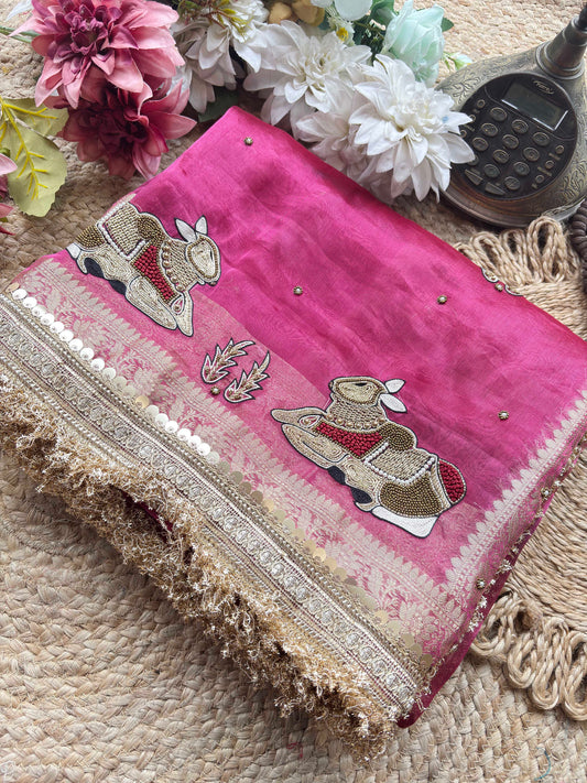 Rani Pink Royal Pichwai Motif Saree with Hand Embroidery & Gold Border