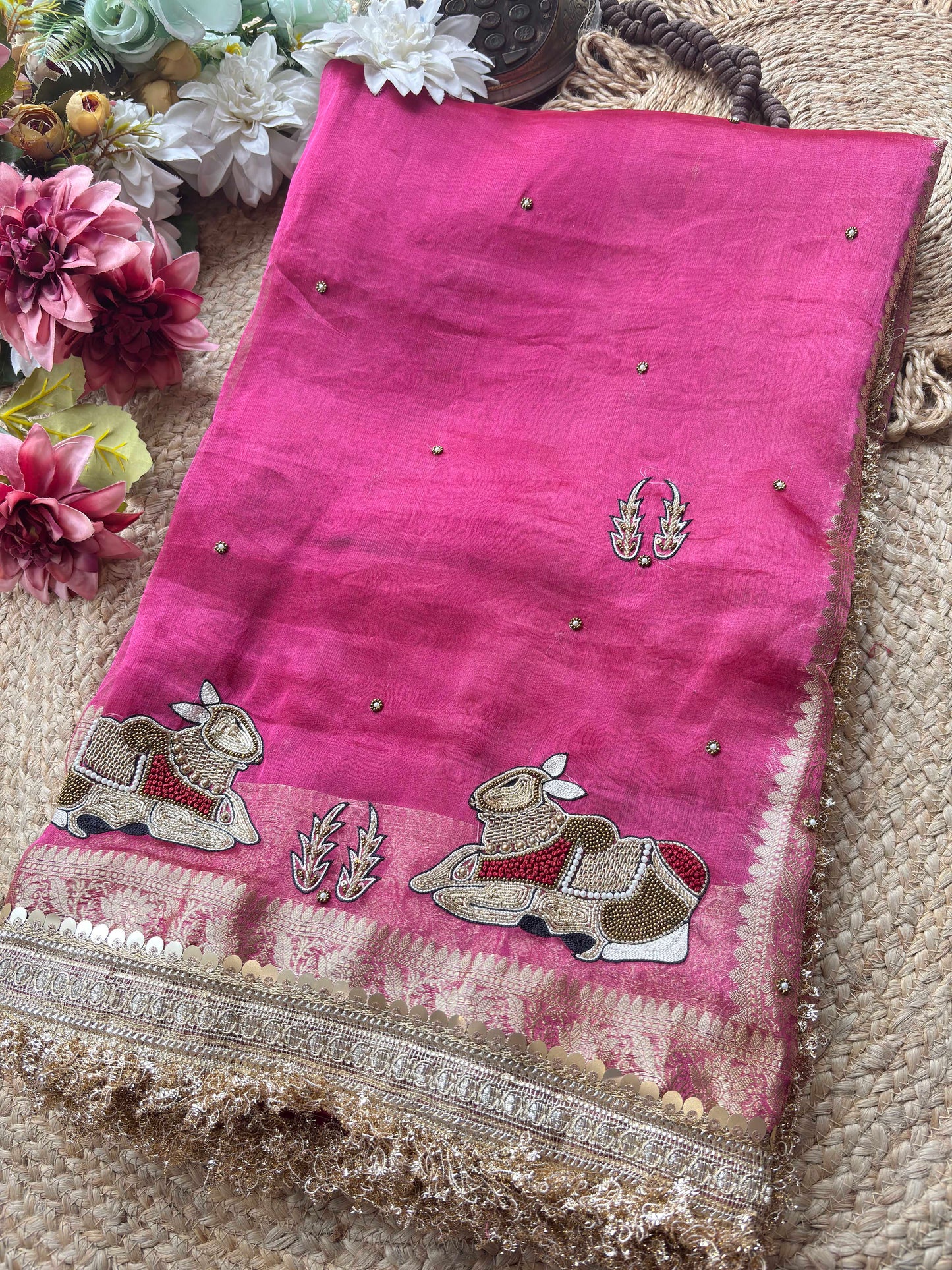 Rani Pink Royal Pichwai Motif Saree with Hand Embroidery & Gold Border