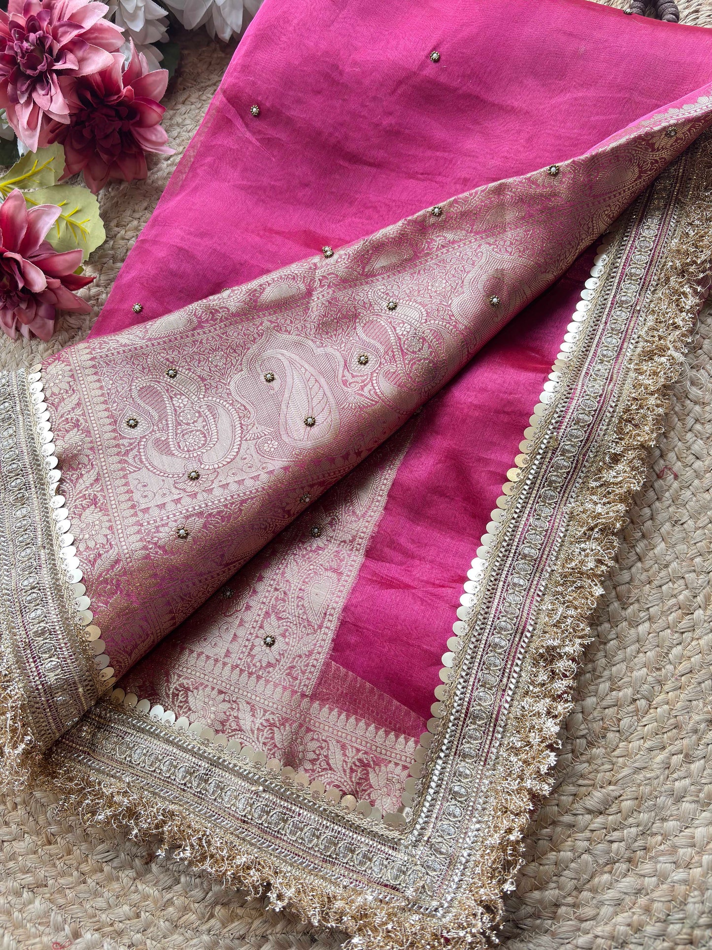 Rani Pink Royal Pichwai Motif Saree with Hand Embroidery & Gold Border