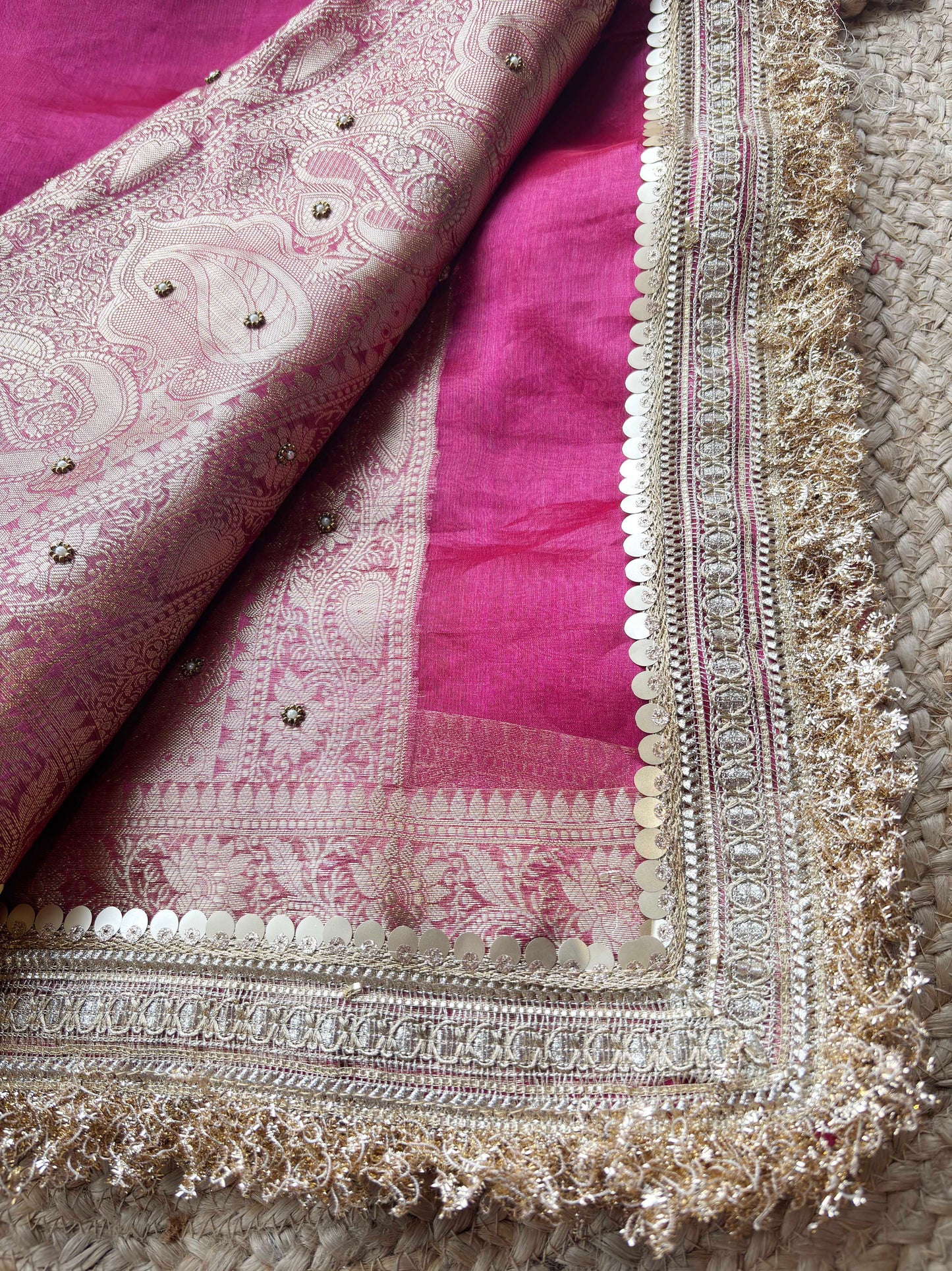 Rani Pink Royal Pichwai Motif Saree with Hand Embroidery & Gold Border