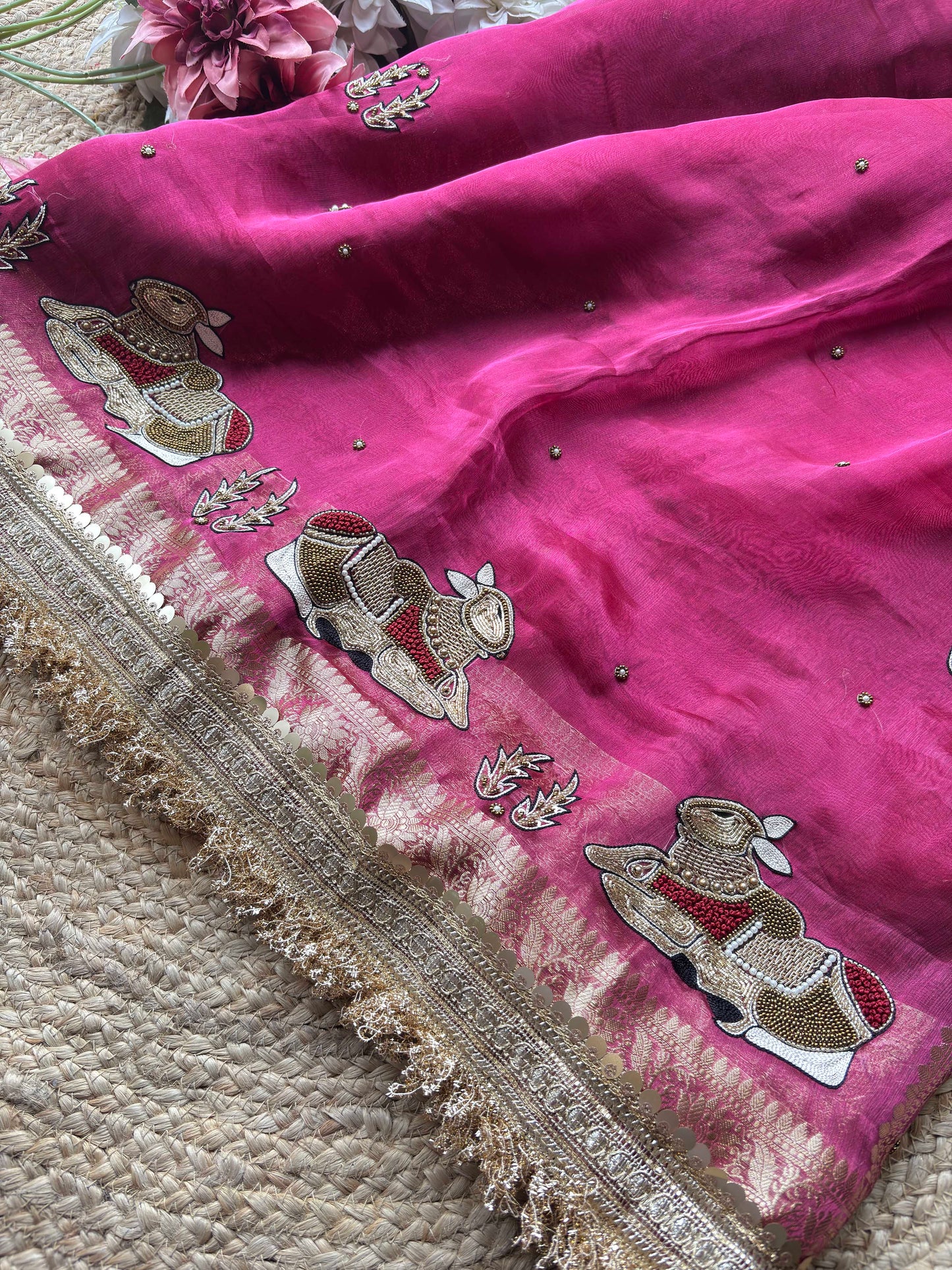 Rani Pink Royal Pichwai Motif Saree with Hand Embroidery & Gold Border