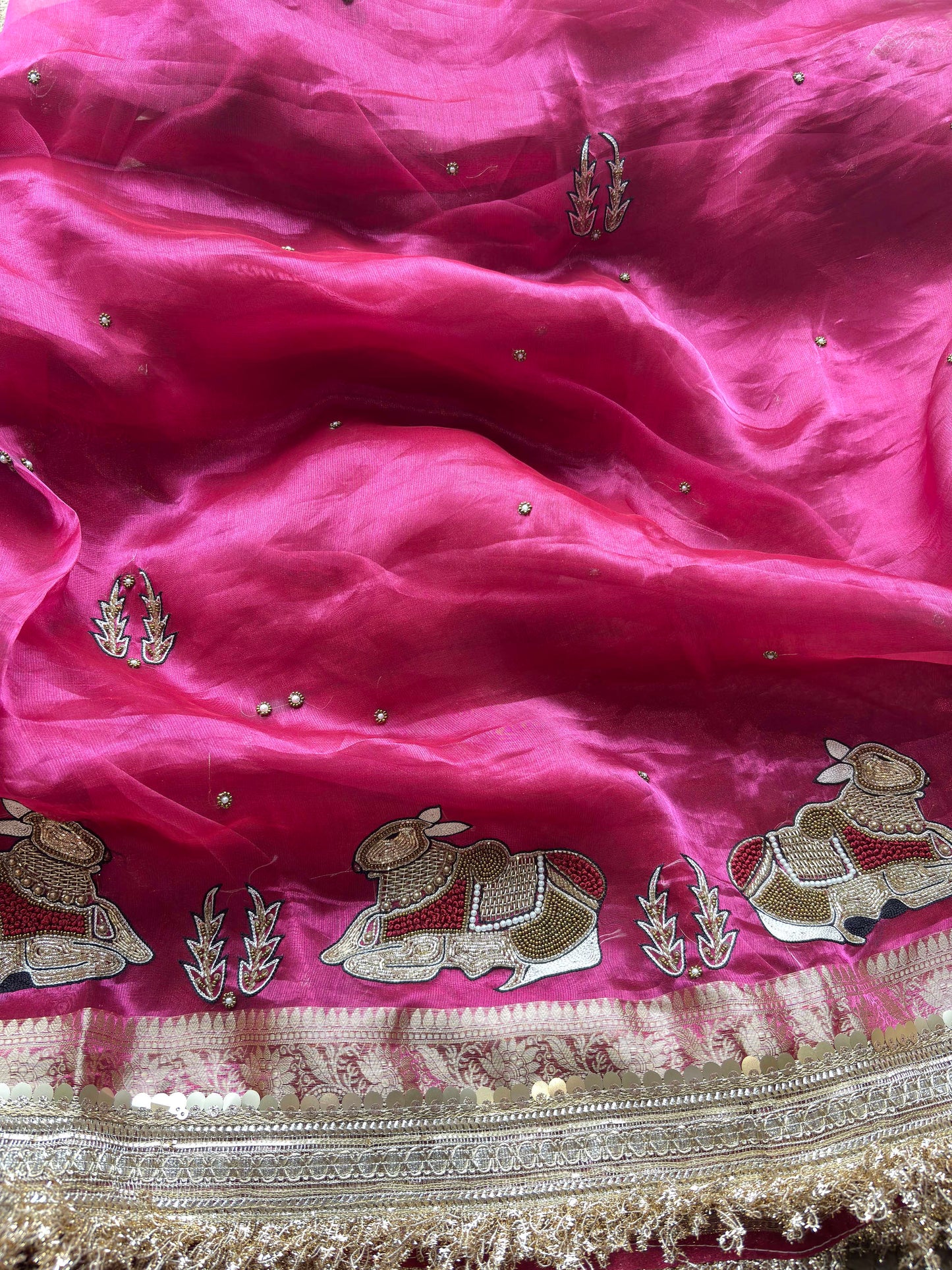Rani Pink Royal Pichwai Motif Saree with Hand Embroidery & Gold Border