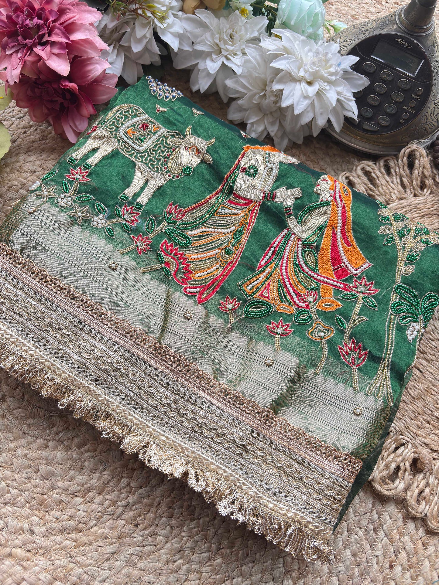 Krishan Leela Saree with Peacock Embroidery and Heavy Golden Border