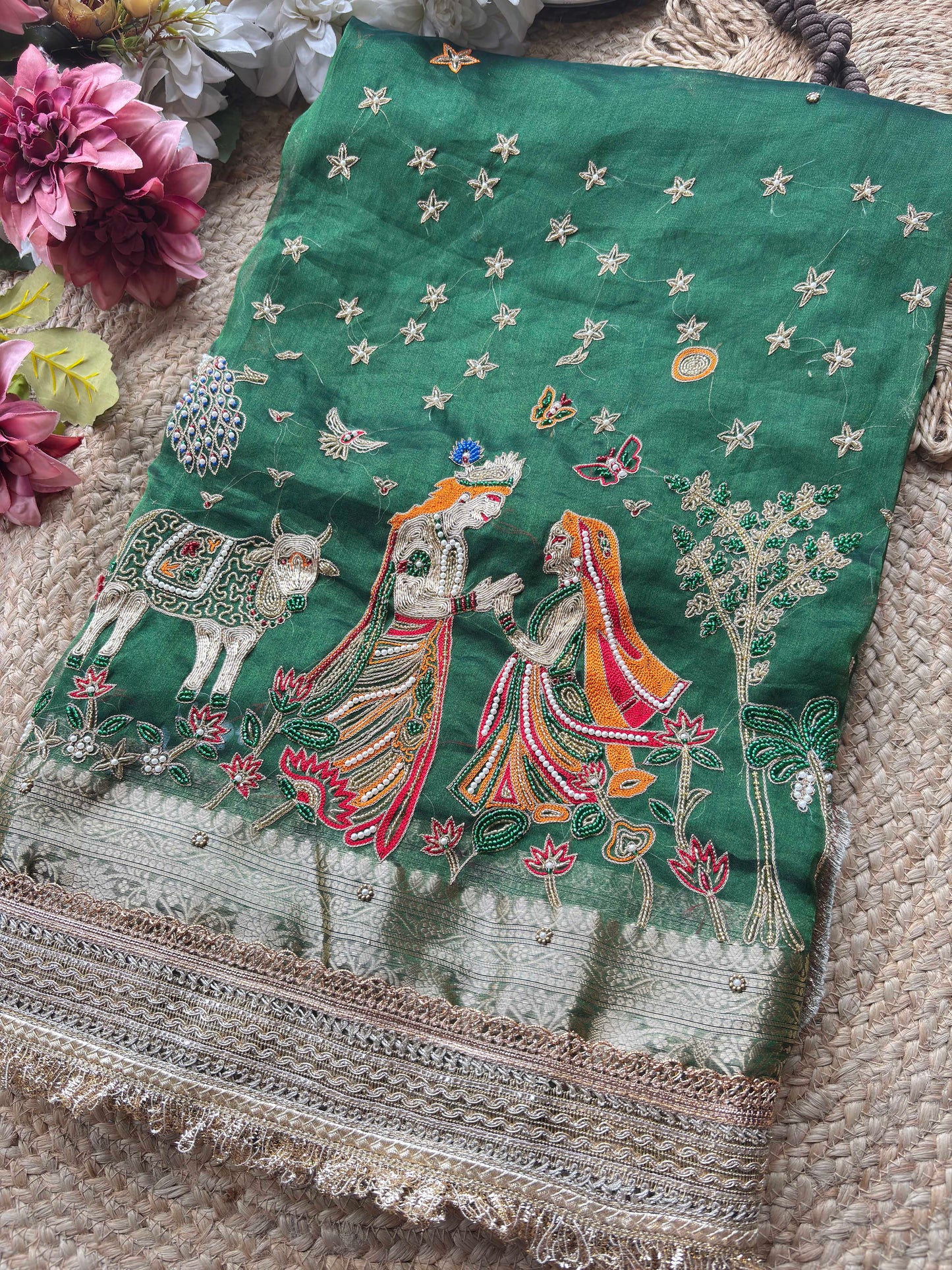 Krishan Leela Saree with Peacock Embroidery and Heavy Golden Border