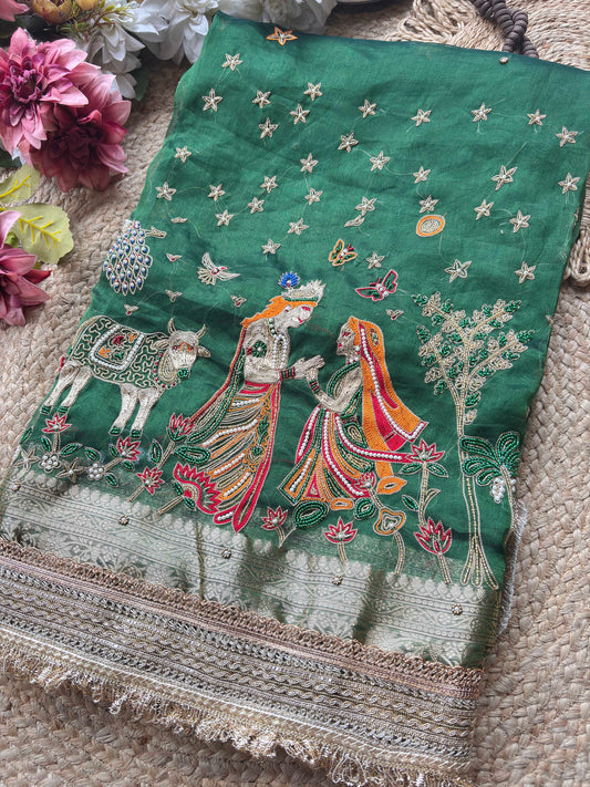 Krishan Leela Saree with Peacock Embroidery and Heavy Golden Border