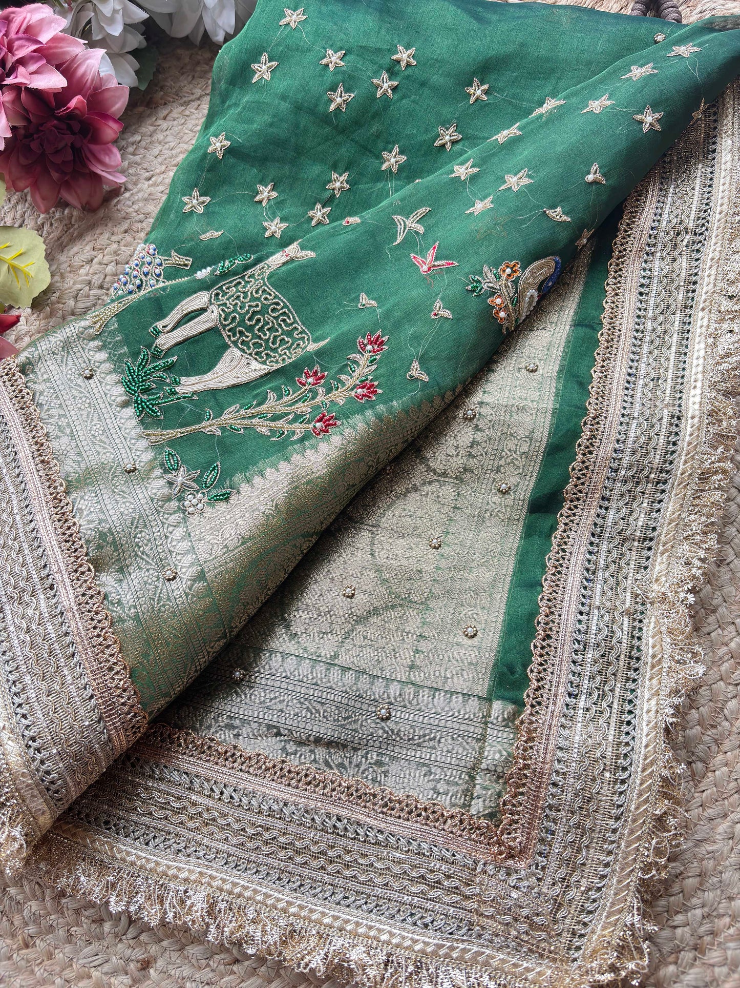 Krishan Leela Saree with Peacock Embroidery and Heavy Golden Border