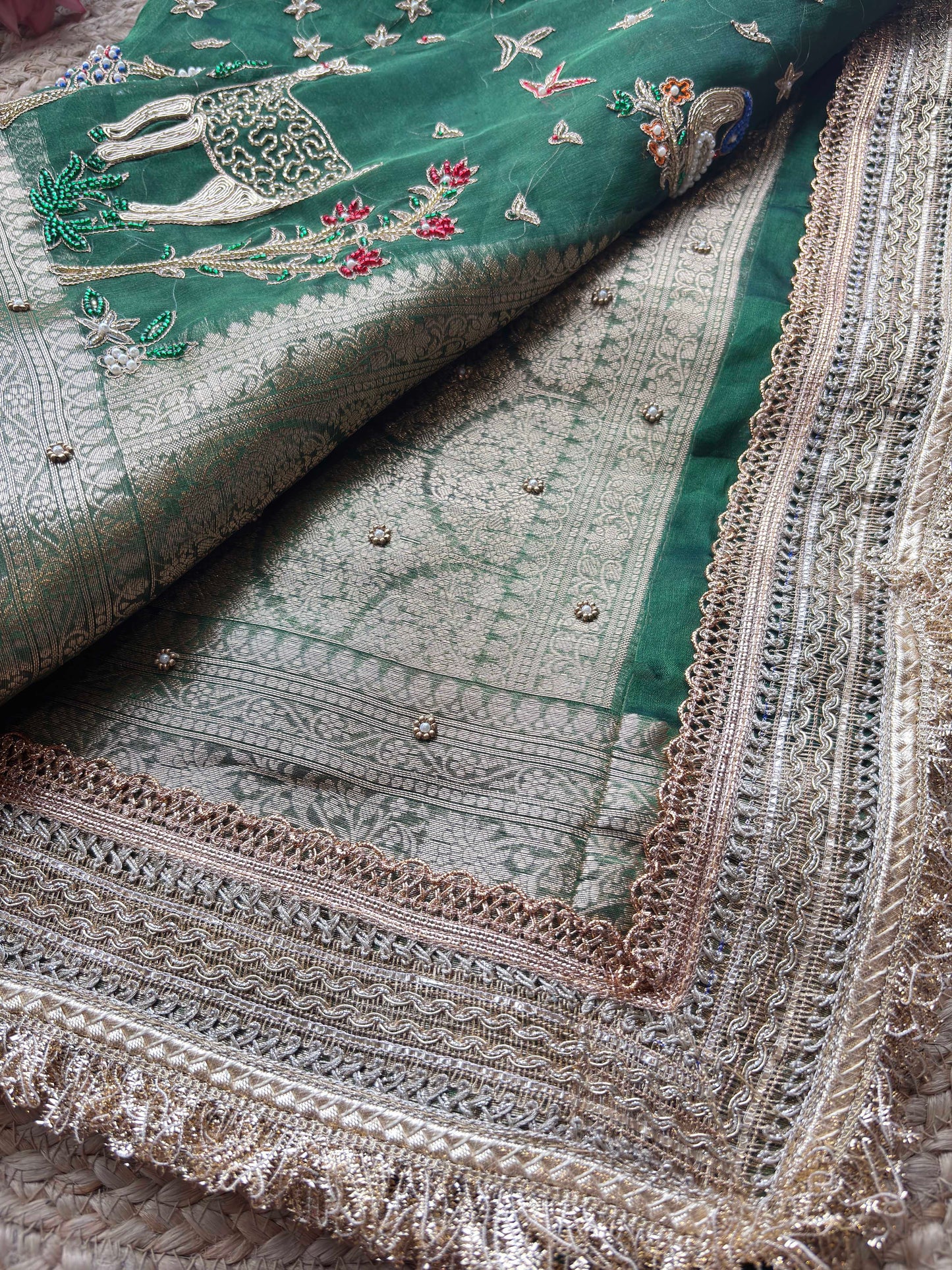 Krishan Leela Saree with Peacock Embroidery and Heavy Golden Border